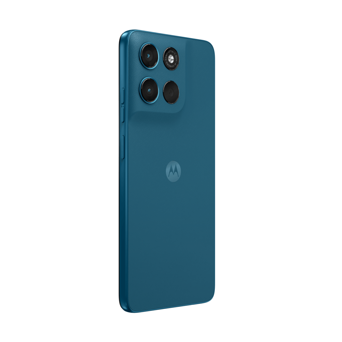 Rückseite eines blauen Smartphones mit drei Kameras und dem Motorola-Logo.