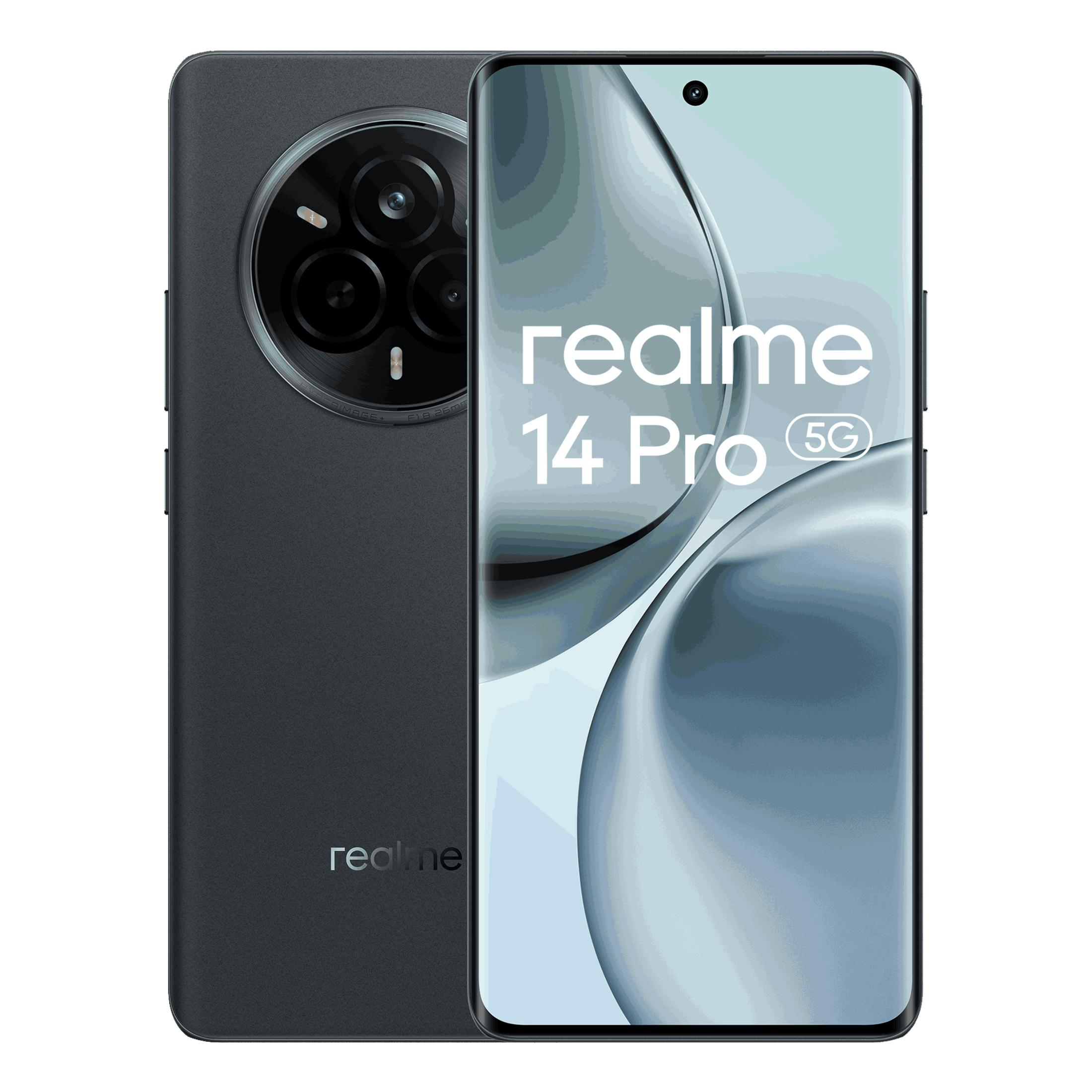 Ciemnoszary smartfon Realme 14 Pro 5G z okrągłym modułem aparatu i podświetlanym ekranem.