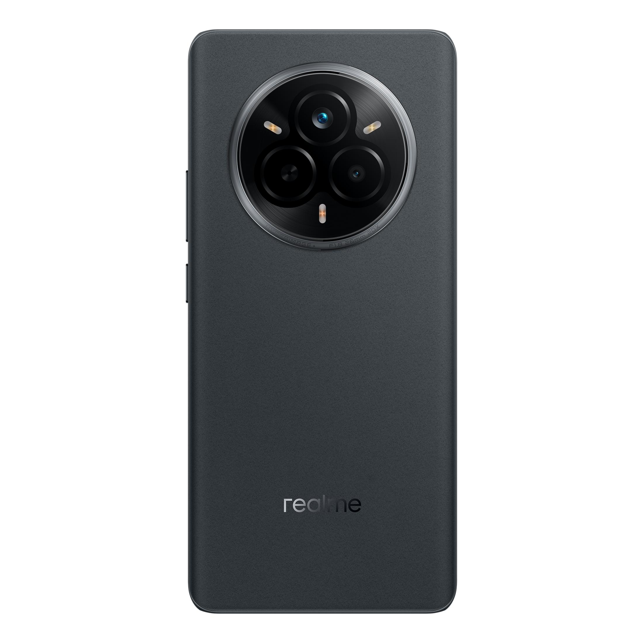 Tył ciemnego smartfona z okrągłym modułem aparatu i logo Realme.