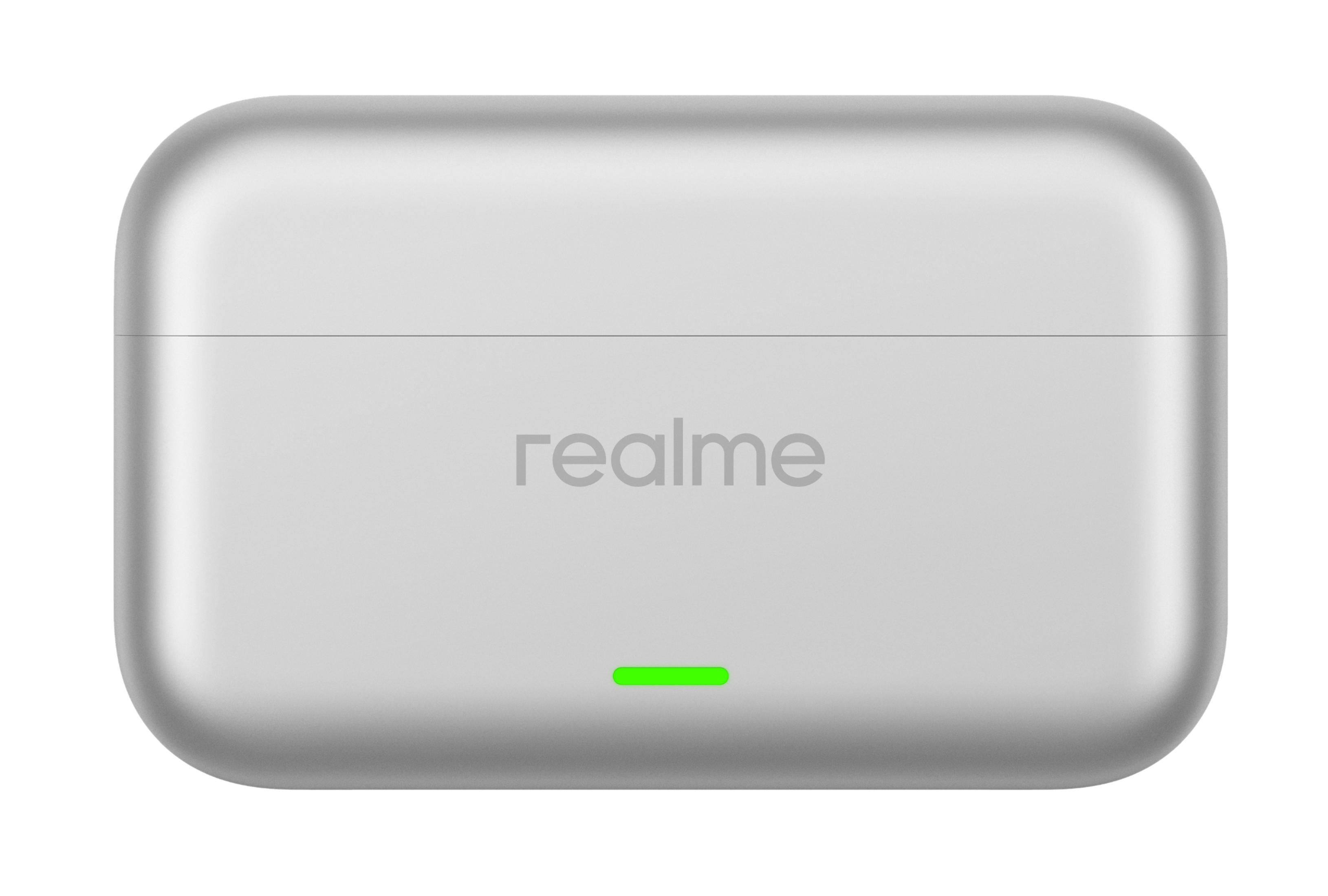 Una custodia di ricarica Realme argentata con spia verde.