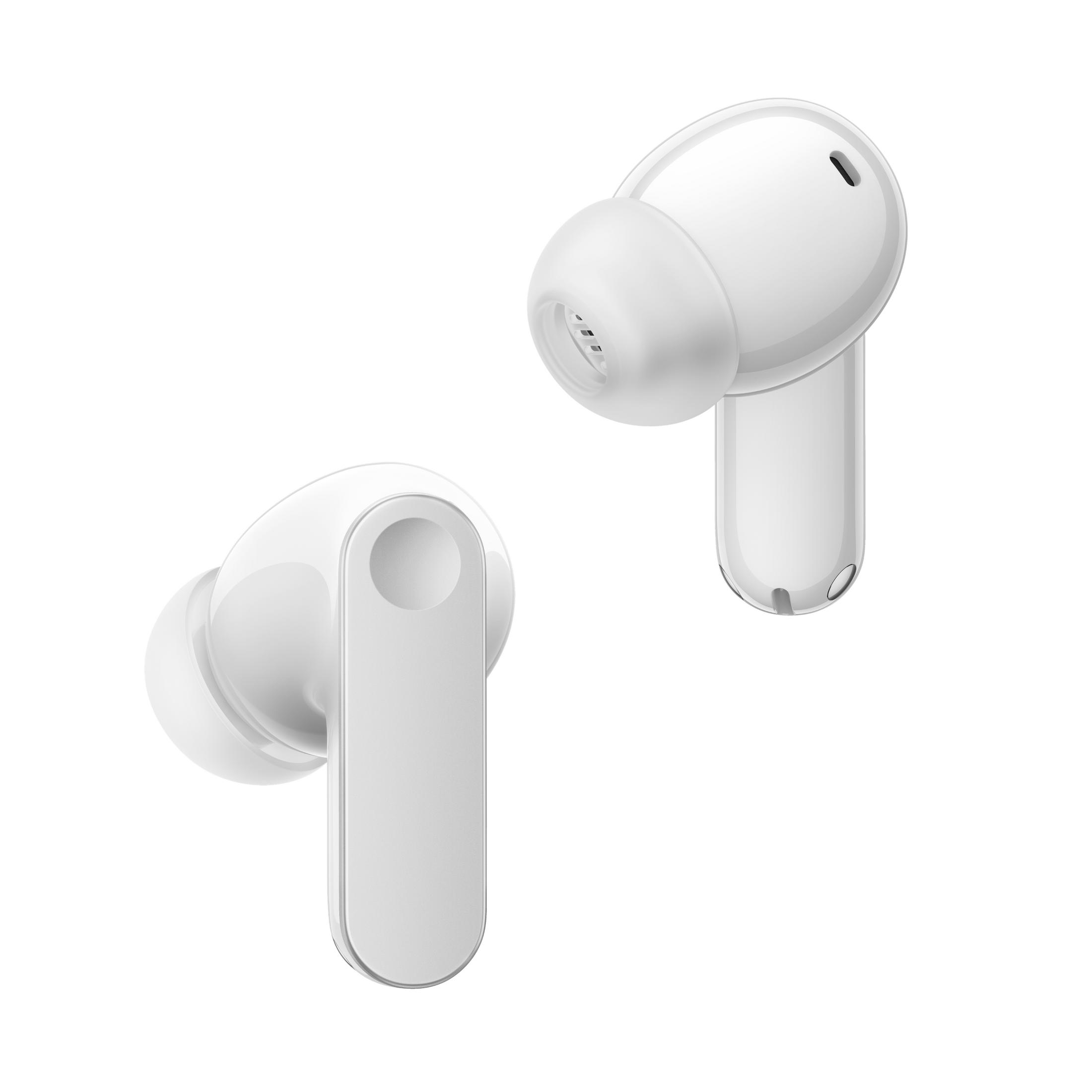 Due auricolari wireless bianchi su sfondo bianco.