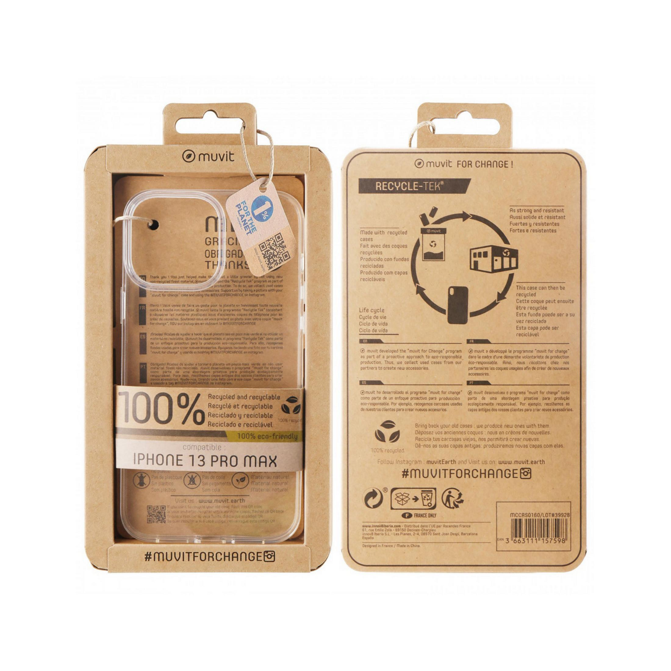Custodia Muvit iPhone 13 Pro Max in confezione di cartone con info riciclo.