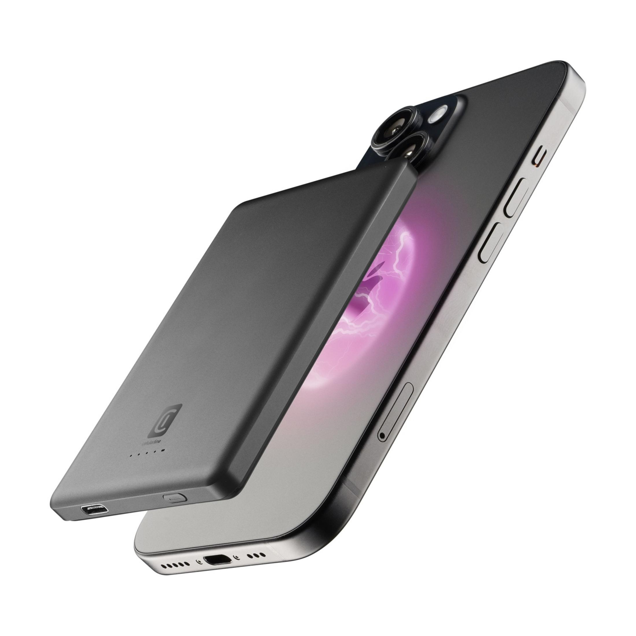 Uno smartphone grigio con un pacco batteria grigio attaccato. Lo schermo mostra uno schema a fulmini rosa.