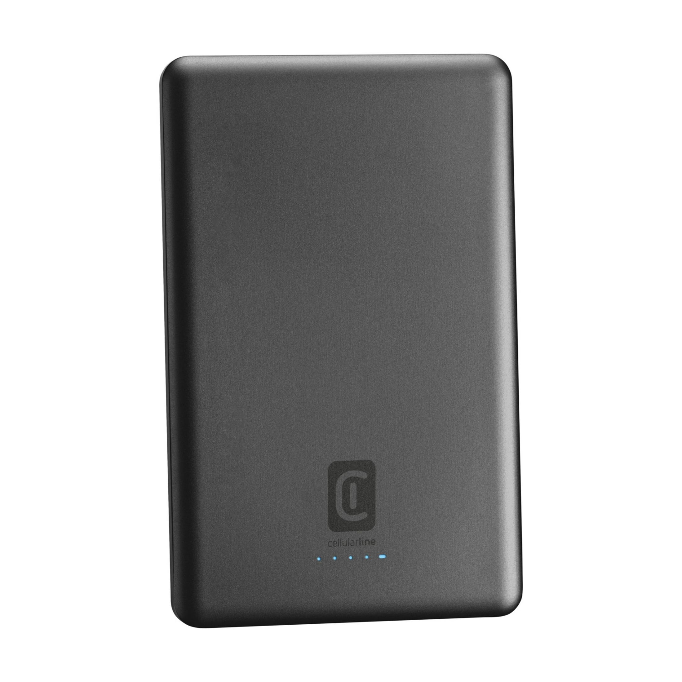 Un power bank rettangolare scuro con angoli arrotondati su sfondo bianco.
