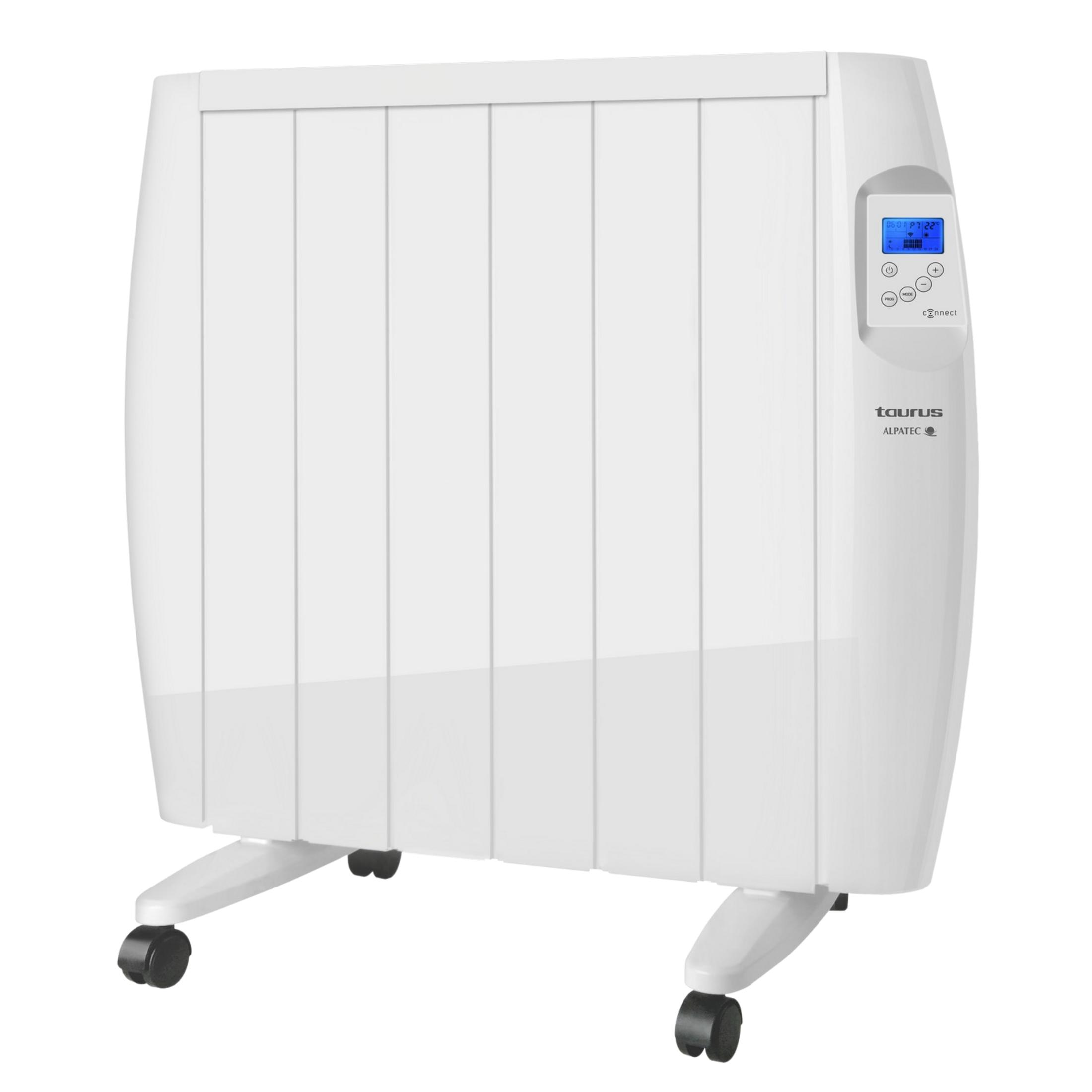 Un radiatore a olio bianco Taurus Alpatec con ruote e display digitale.