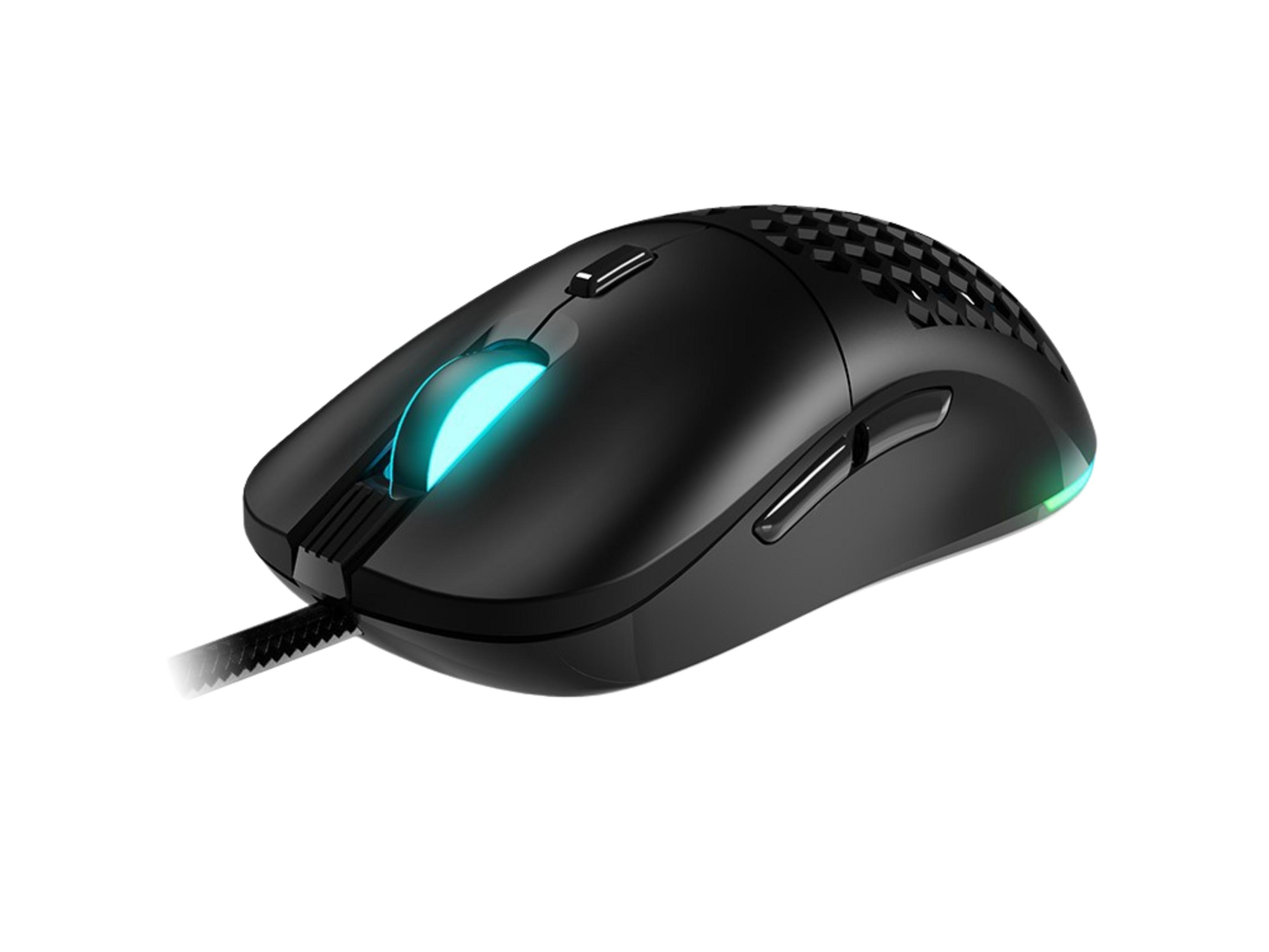 Mouse da gaming nero con luci blu e verdi, su sfondo bianco.