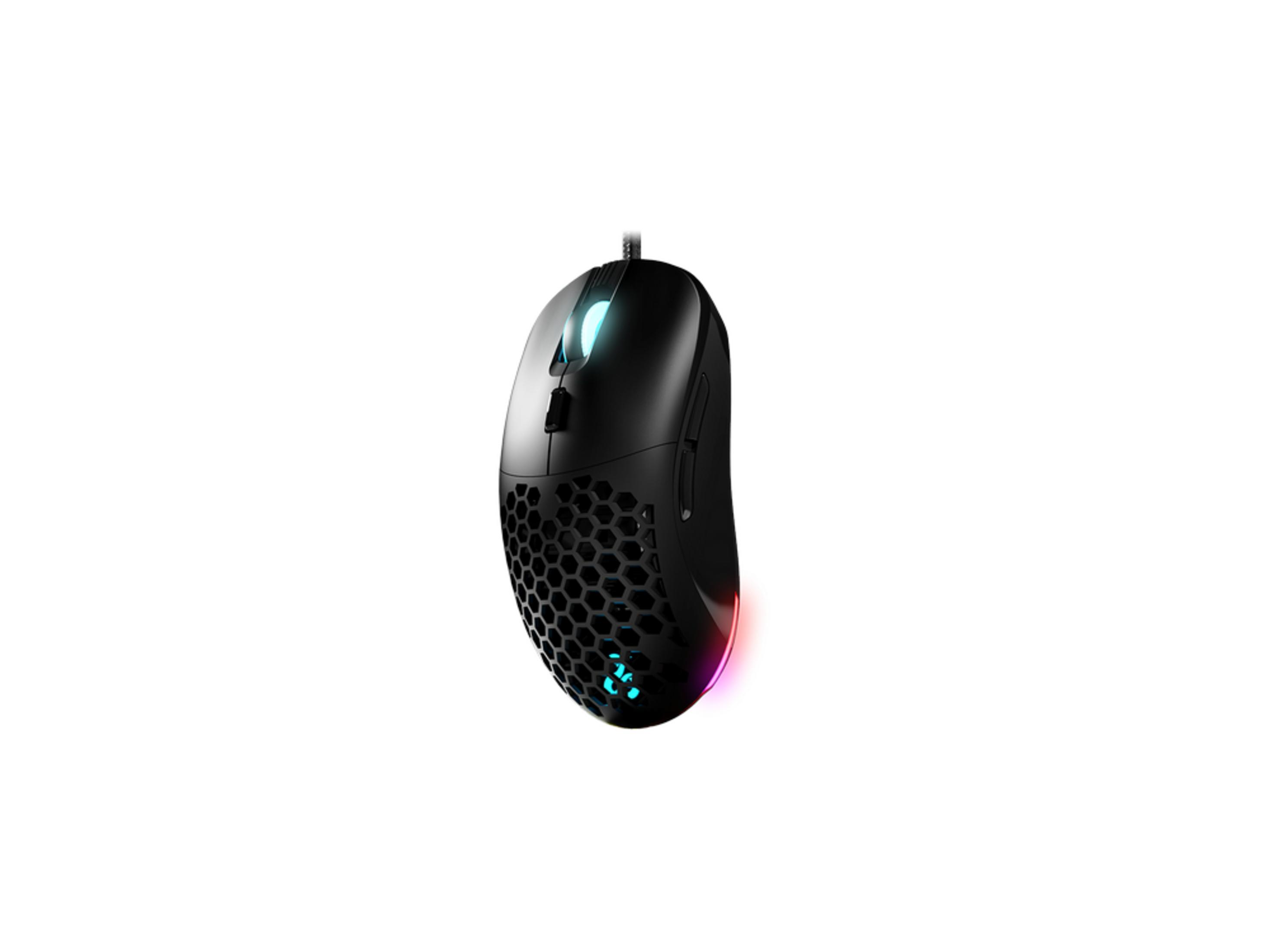Mouse gaming nero con motivo a nido d'ape e luci blu/rosse.