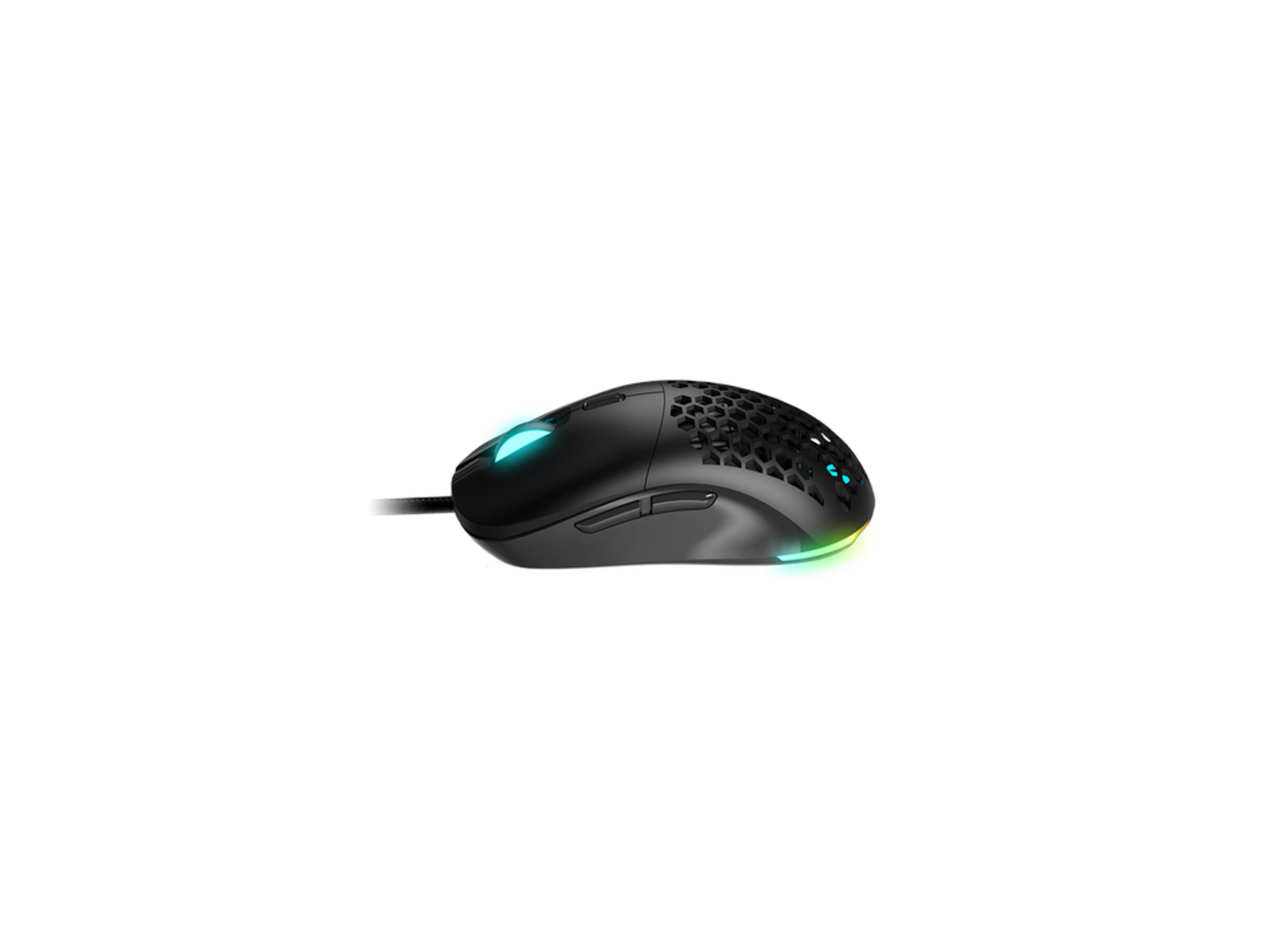 Mouse da gaming nero a nido d'ape con illuminazione RGB.