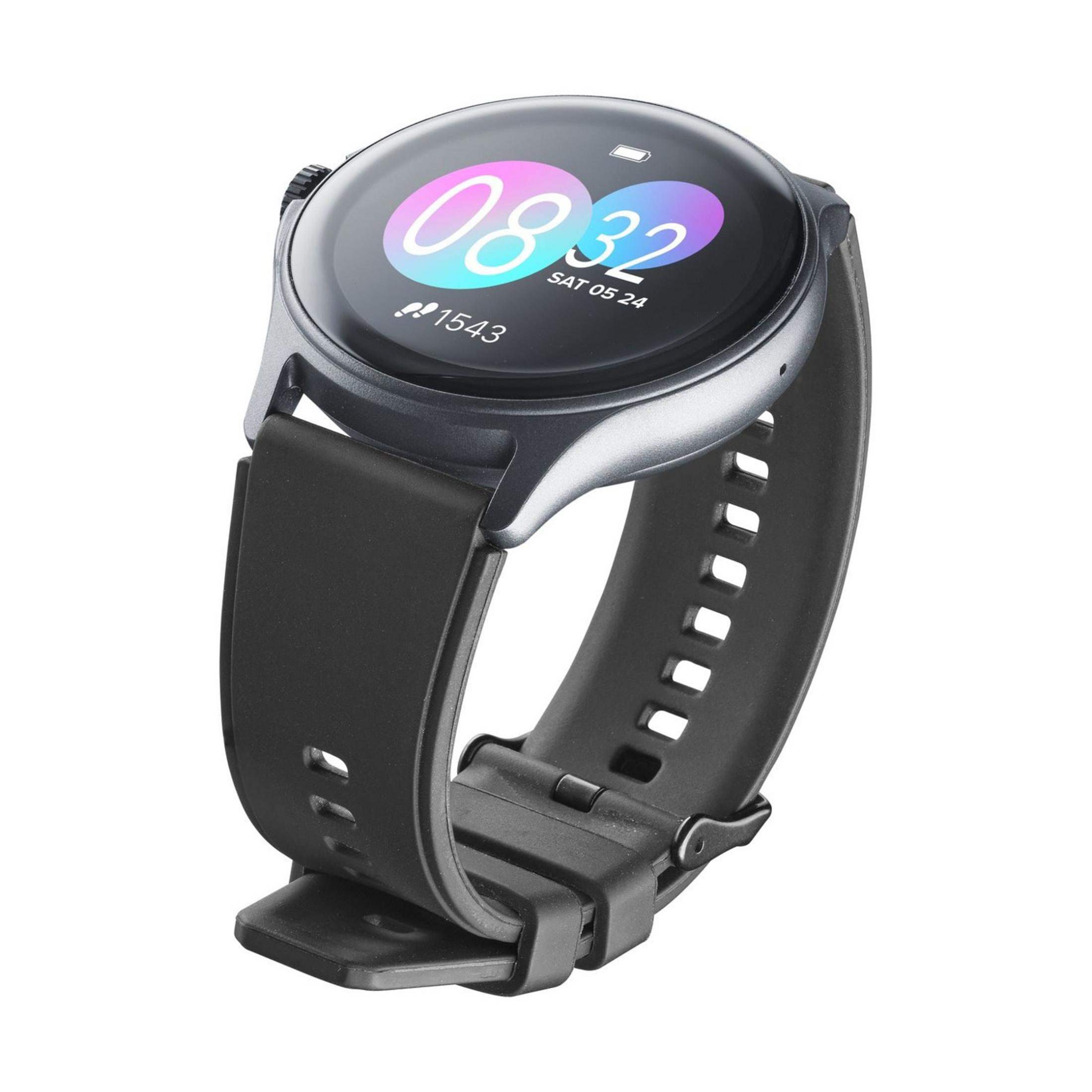 Eine schwarze Smartwatch mit rundem Display zeigt 08:32 und 1543 Schritte an.