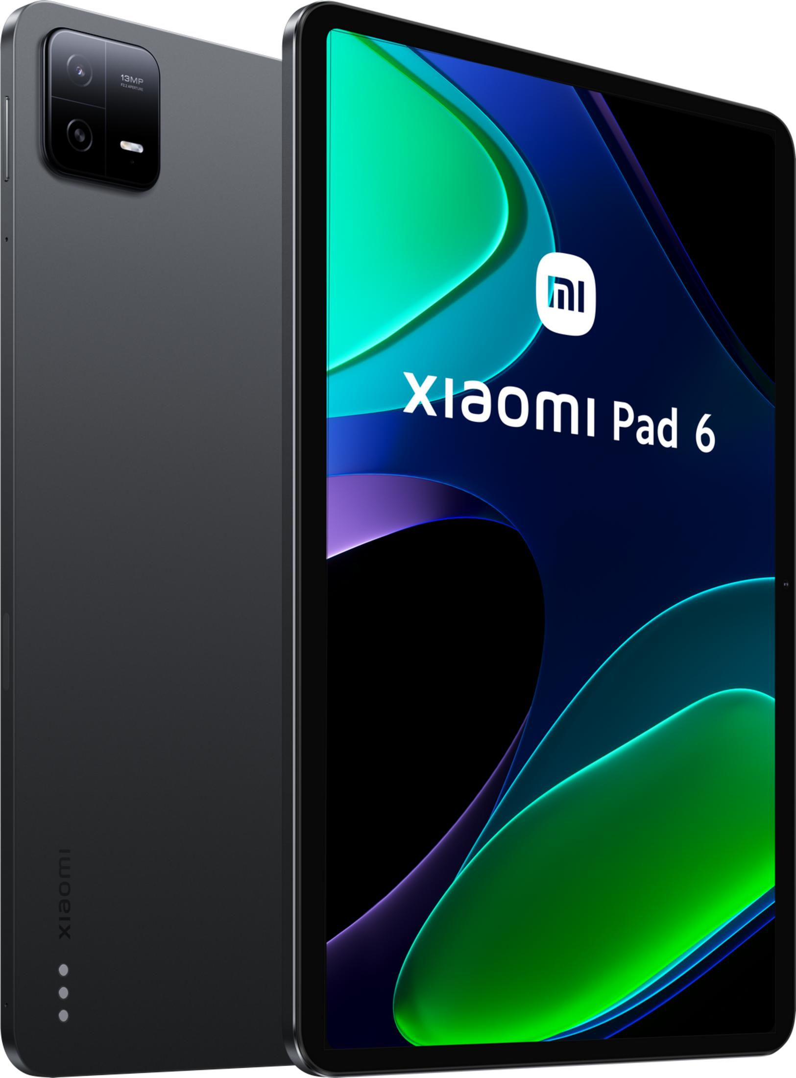 Viene mostrato un tablet Xiaomi Pad 6 grigio scuro, con fotocamera e schermo visibili.