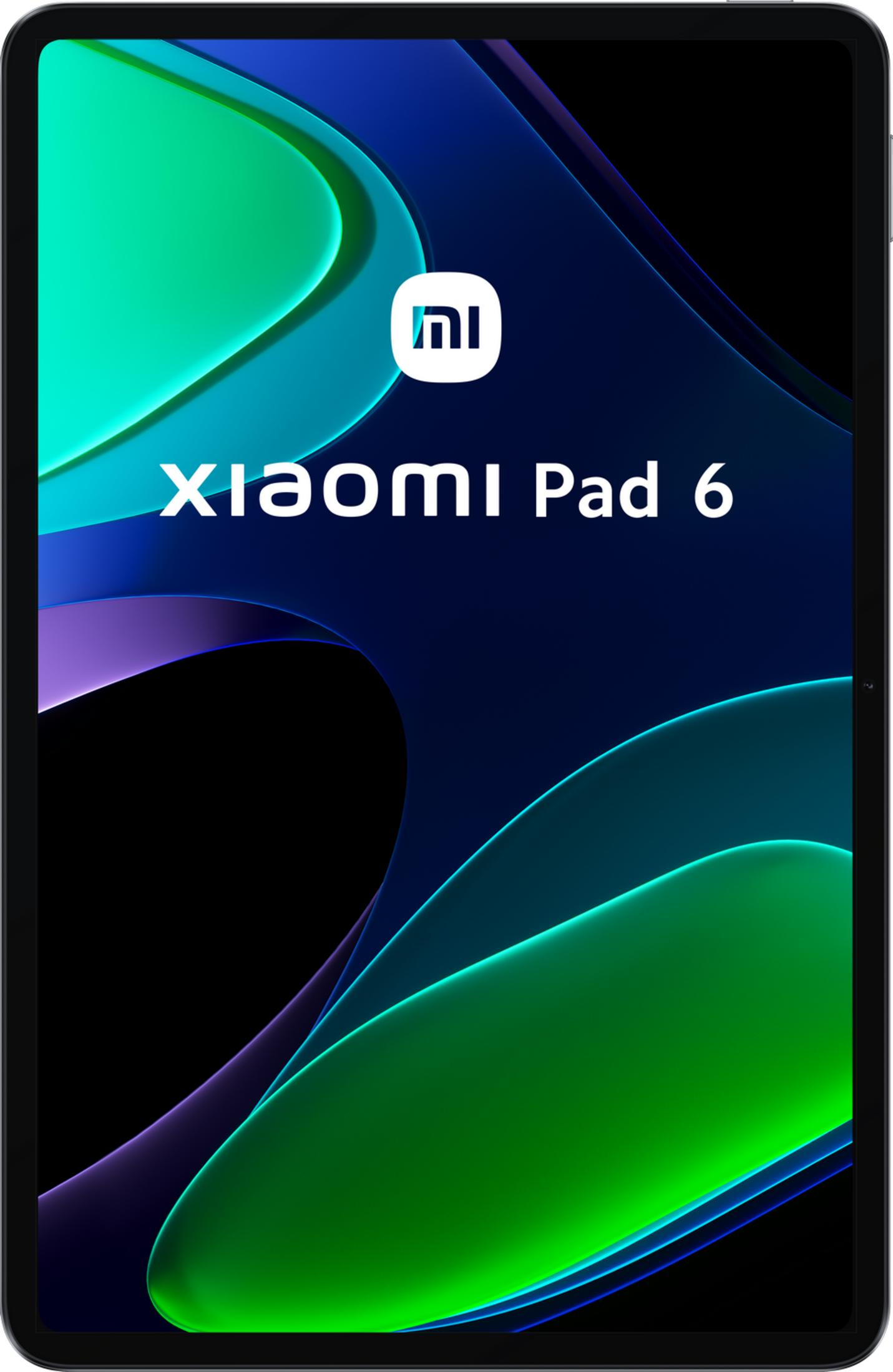 Tablet Xiaomi Pad 6 con sfondo blu scuro e forme astratte verdi e viola.