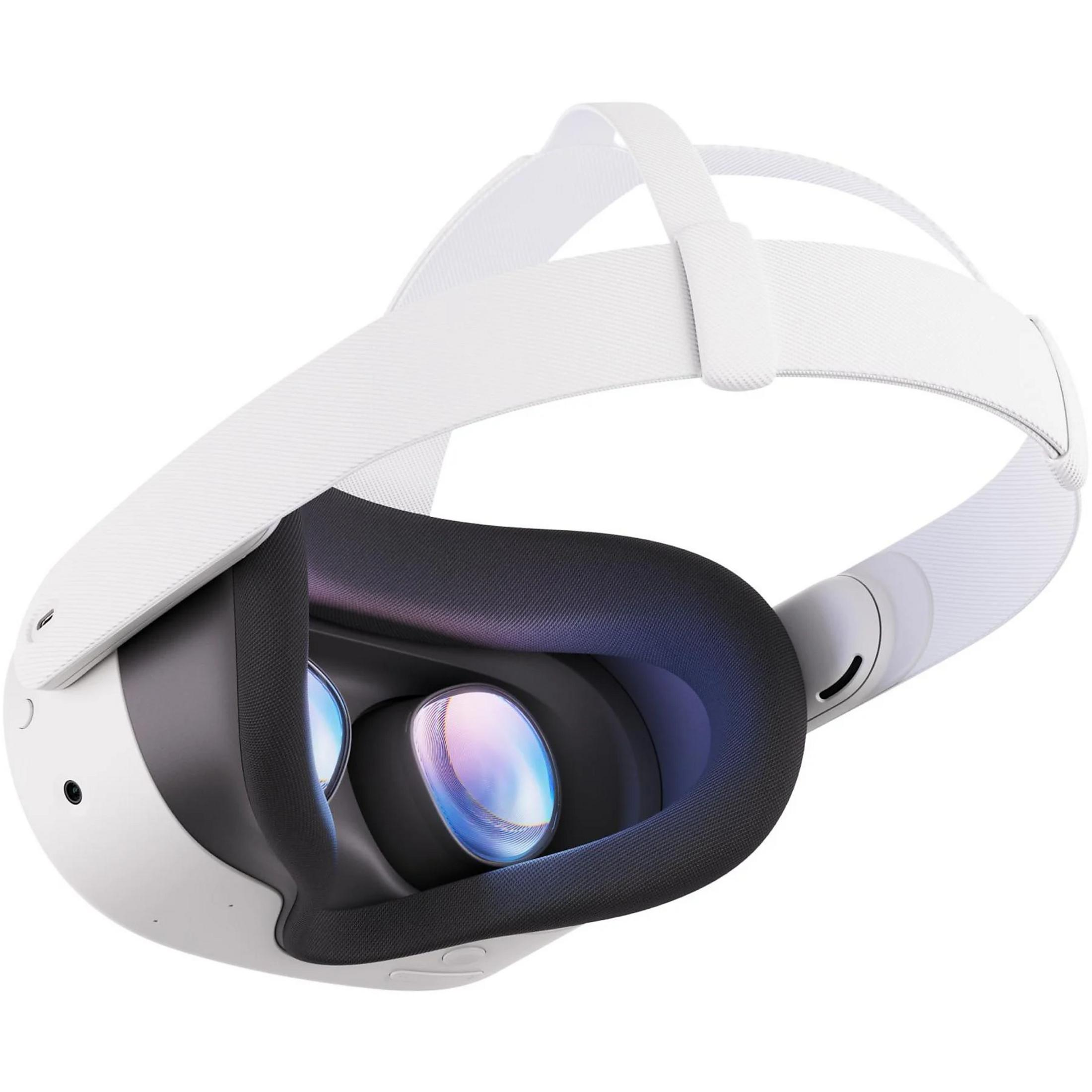 Visore VR bianco con imbottitura nera e lenti riflettenti, vista angolata.