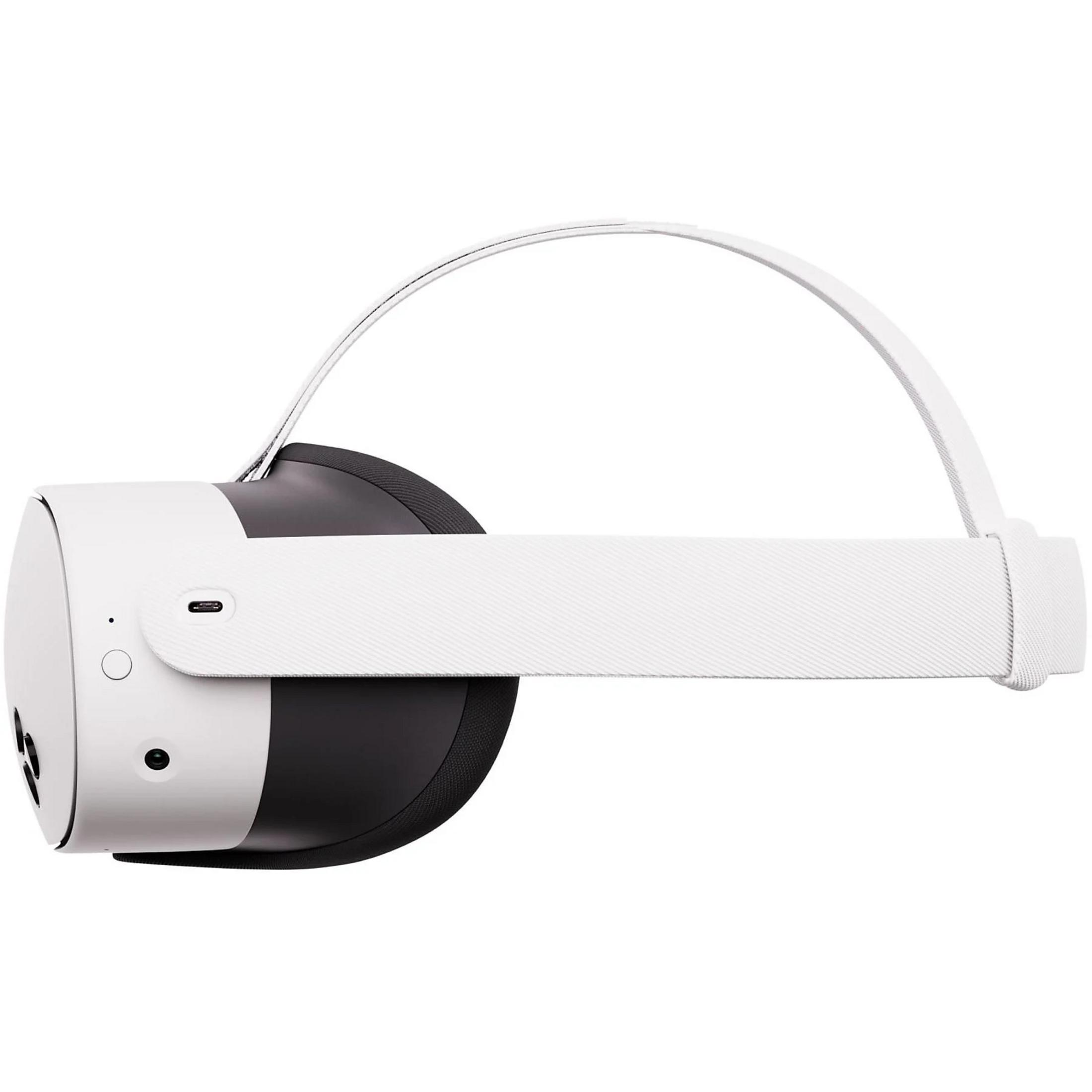 Un visore VR bianco con imbottitura nera e fascia bianca.