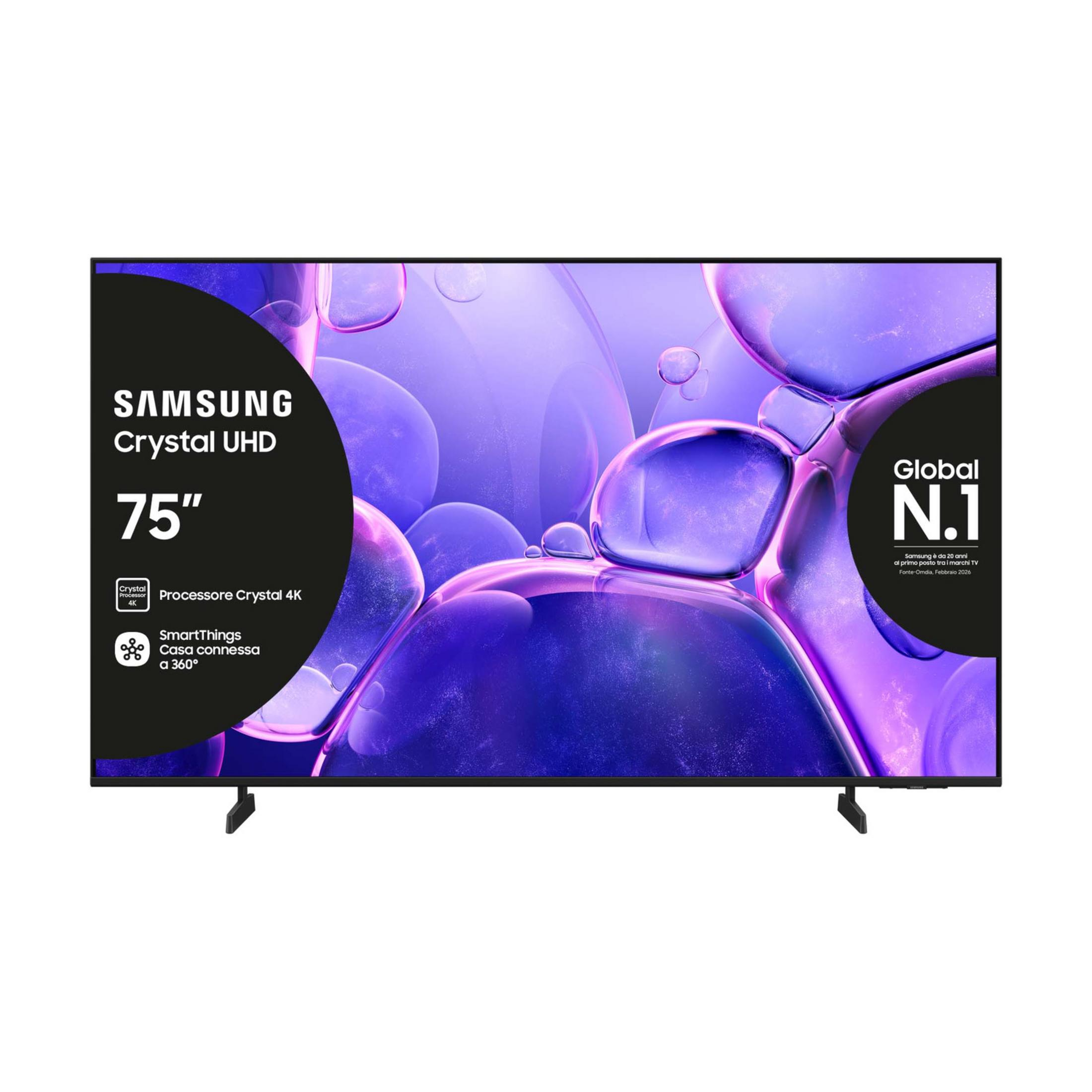 TV Samsung 75" Crystal UHD con sfondo di bolle viola e logo 'Global N.1'.