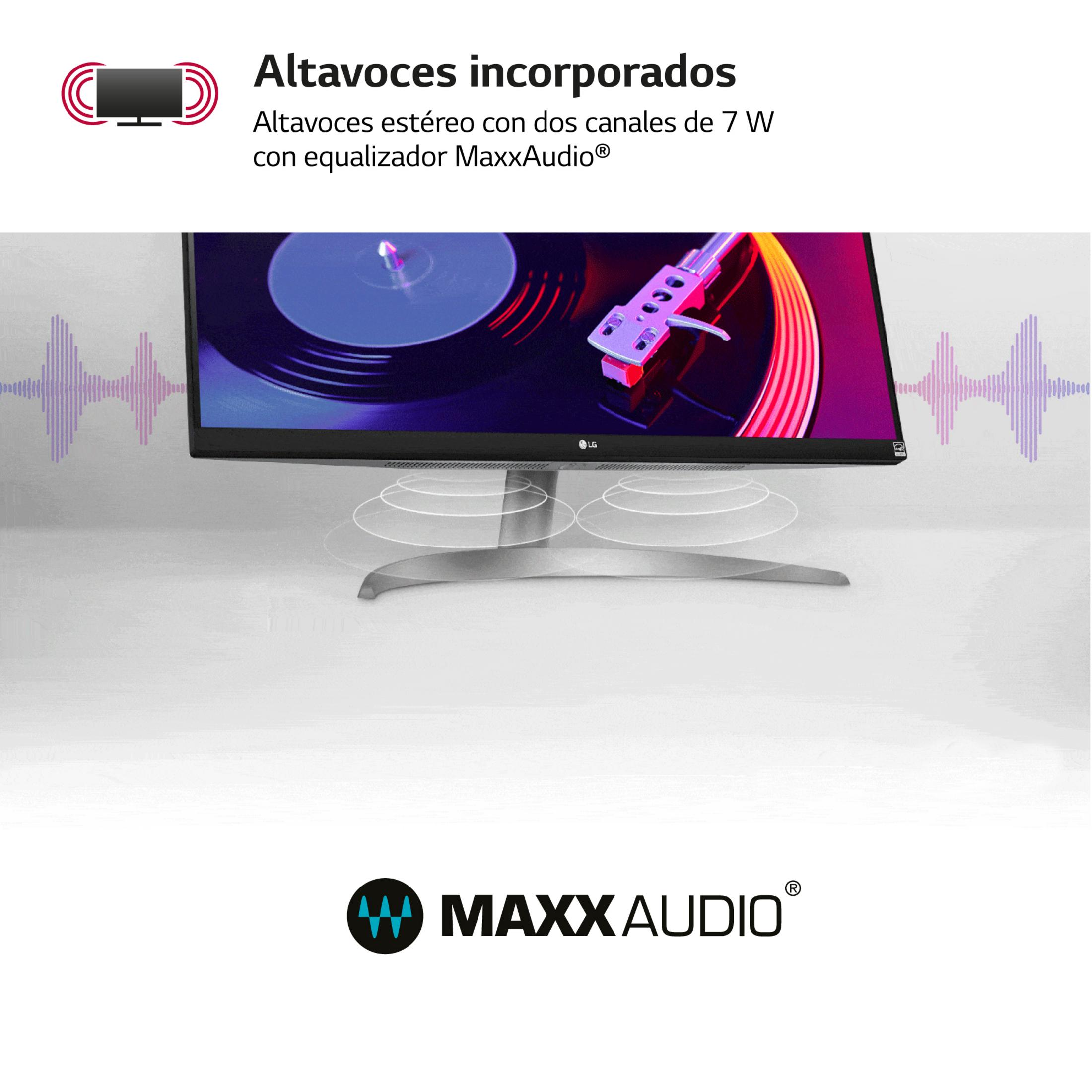 Un monitor con altavoces integrados y gráfico de ondas sonoras. Logo MaxxAudio®.