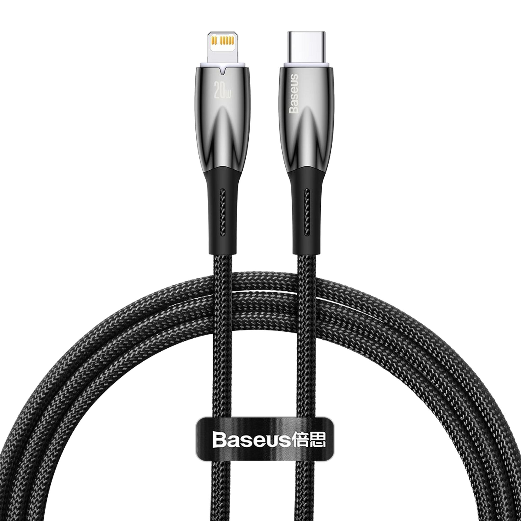 Un cavo di ricarica Baseus nero con connettori USB-C e Lightning, 20W.
