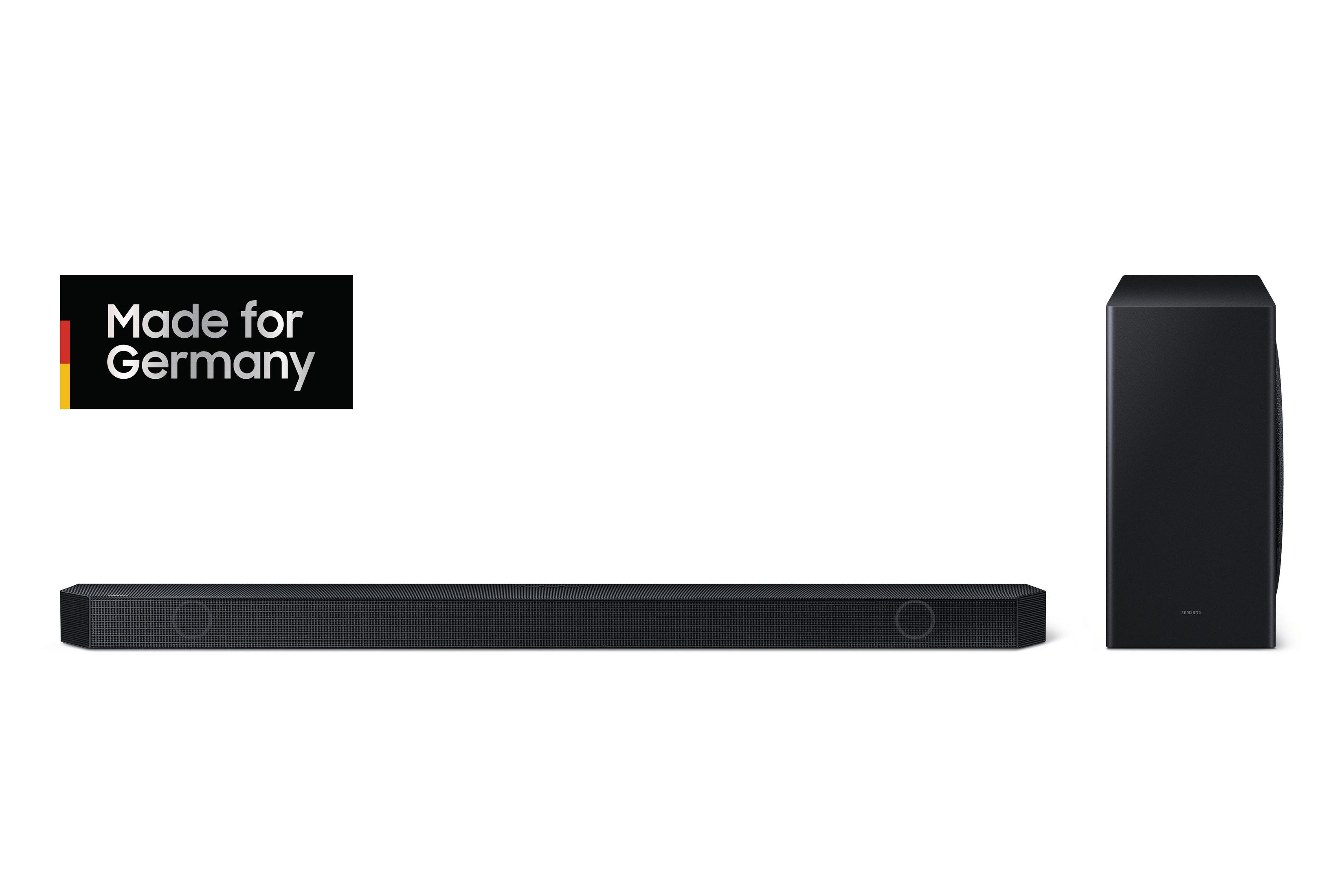 Schwarzer Soundbar und Subwoofer vor weißem Hintergrund mit "Made for Germany"-Logo.