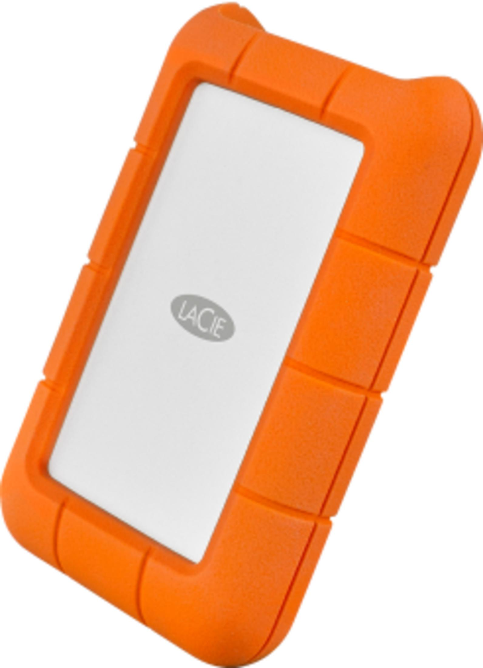 Hard disk esterno LaCie arancione con frontale bianco e logo.