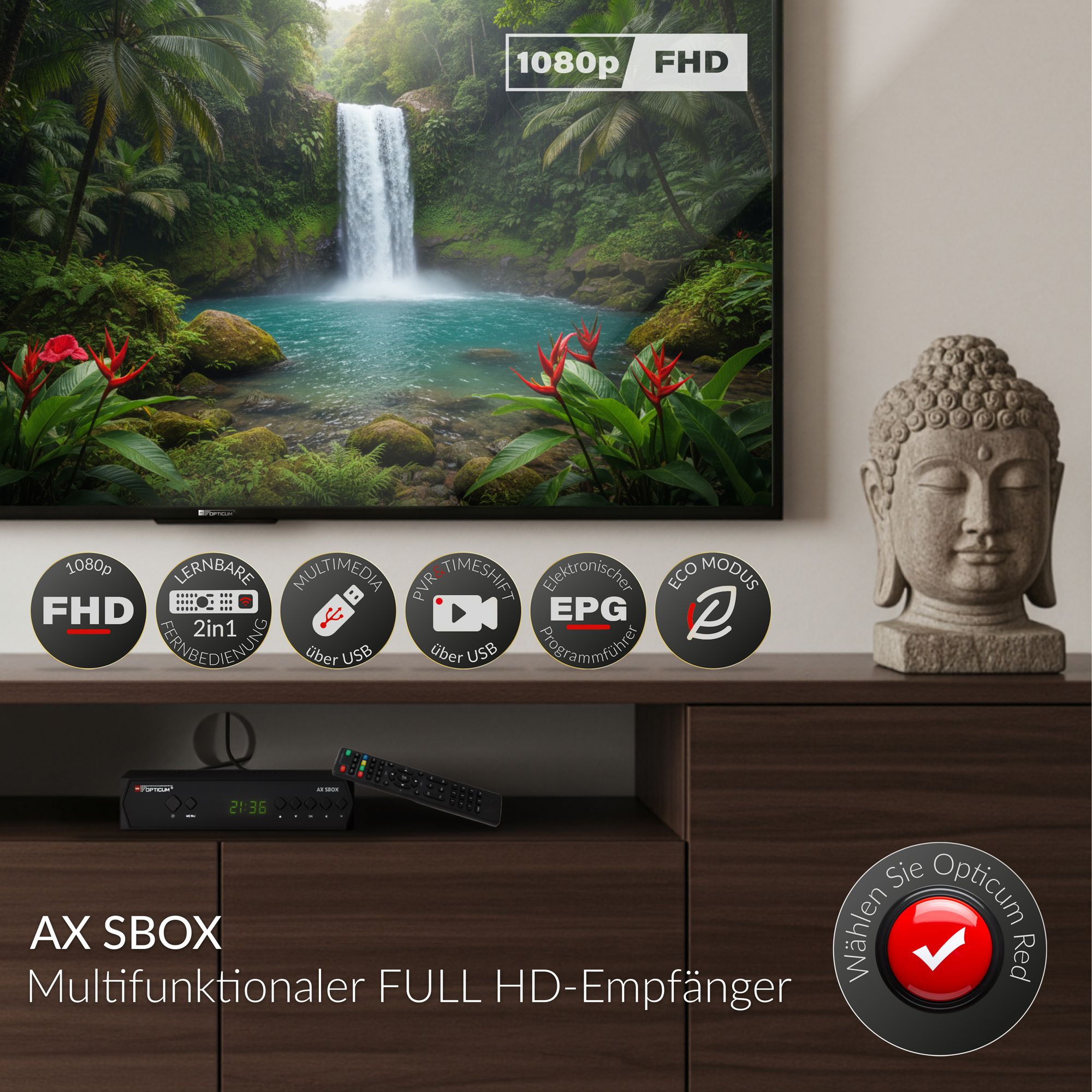Fernseher zeigt Wasserfall, daneben Buddha-Statue und Receiver.