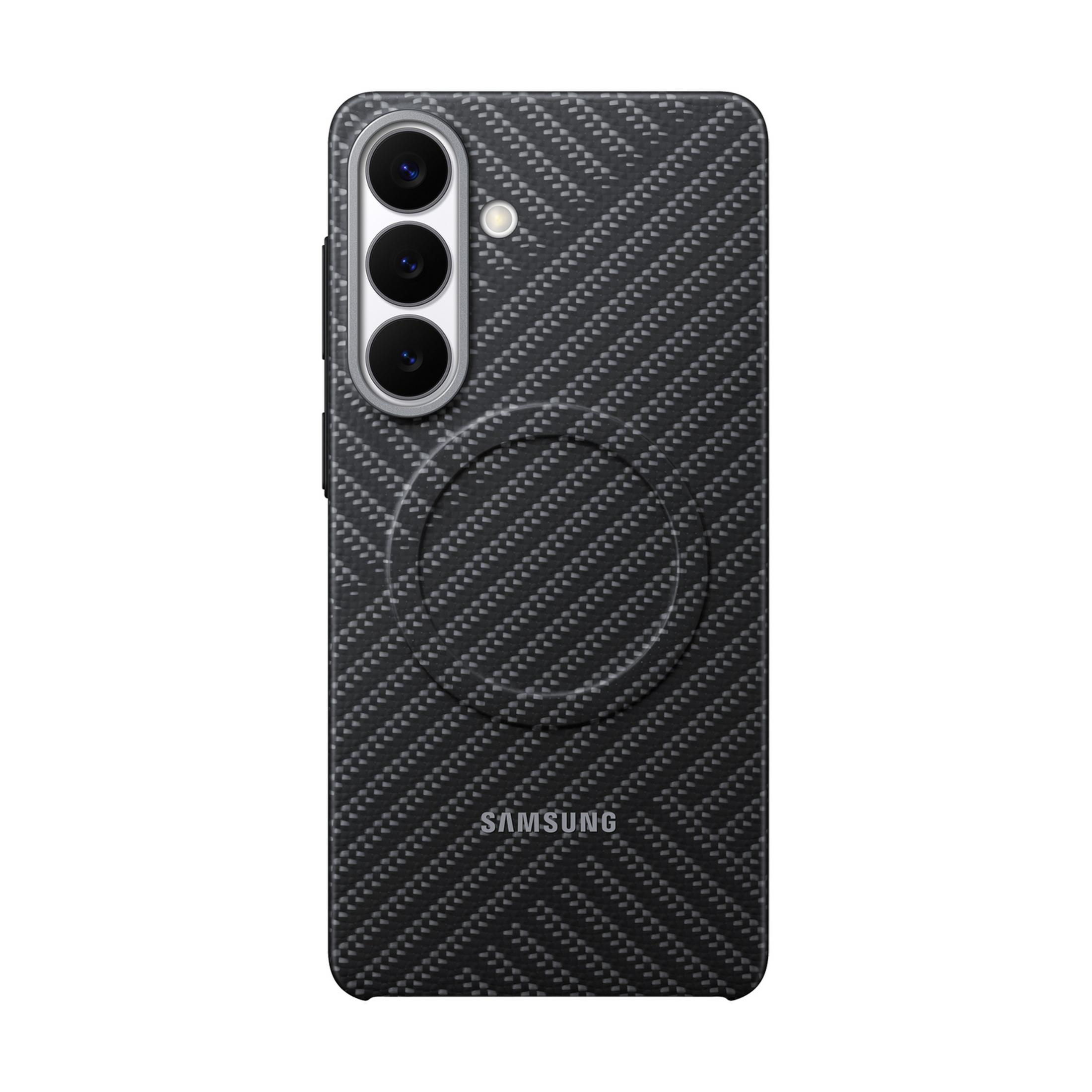 Schwarze Handyhülle mit Karbonmuster, Kamera und Samsung-Logo.
