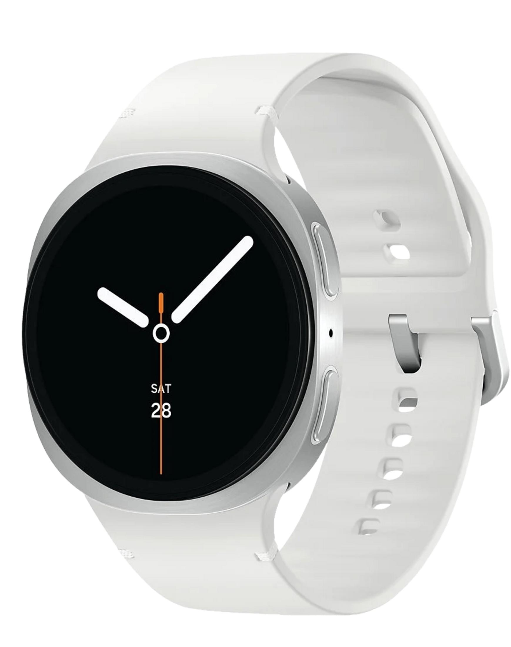 Un reloj inteligente blanco con bisel plateado y esfera negra.