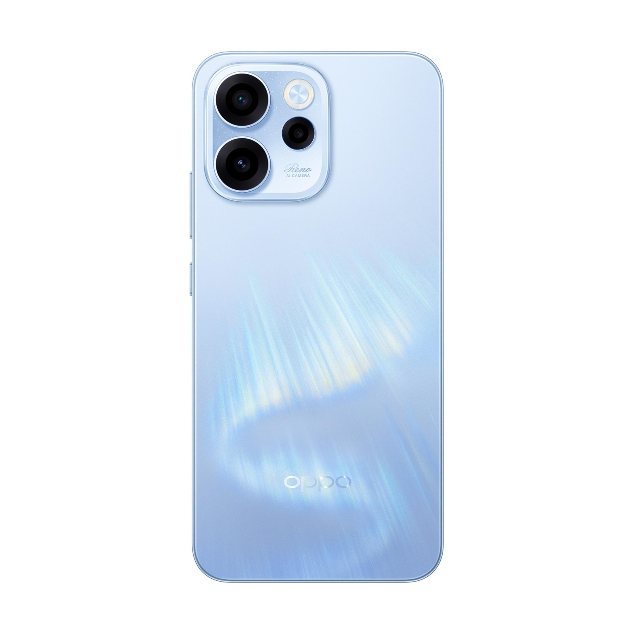 Een lichtblauwe smartphone met een opvallende cameramodule en het Oppo-logo.