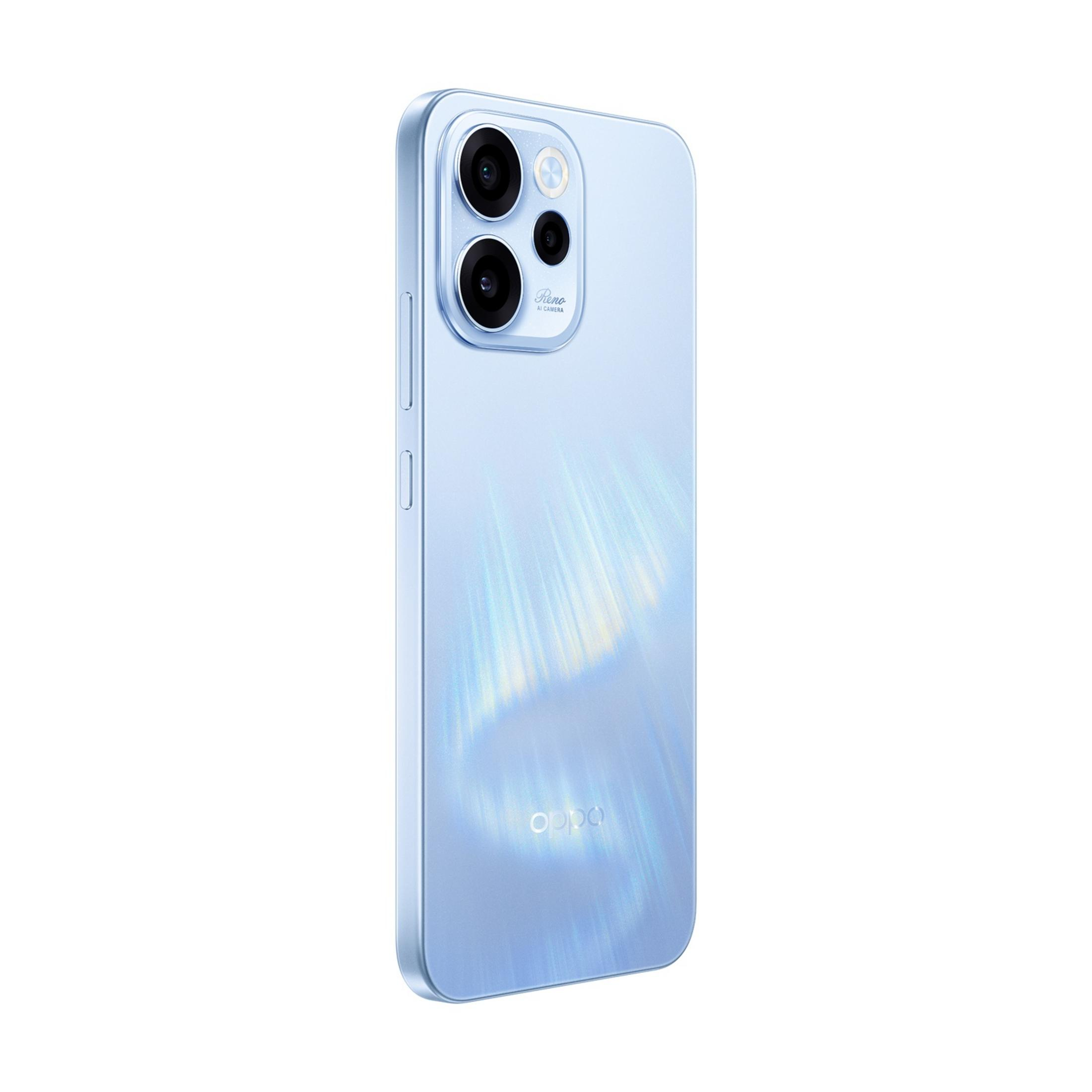 Een lichtblauwe smartphone met drie camera's aan de achterkant en het Oppo-logo.