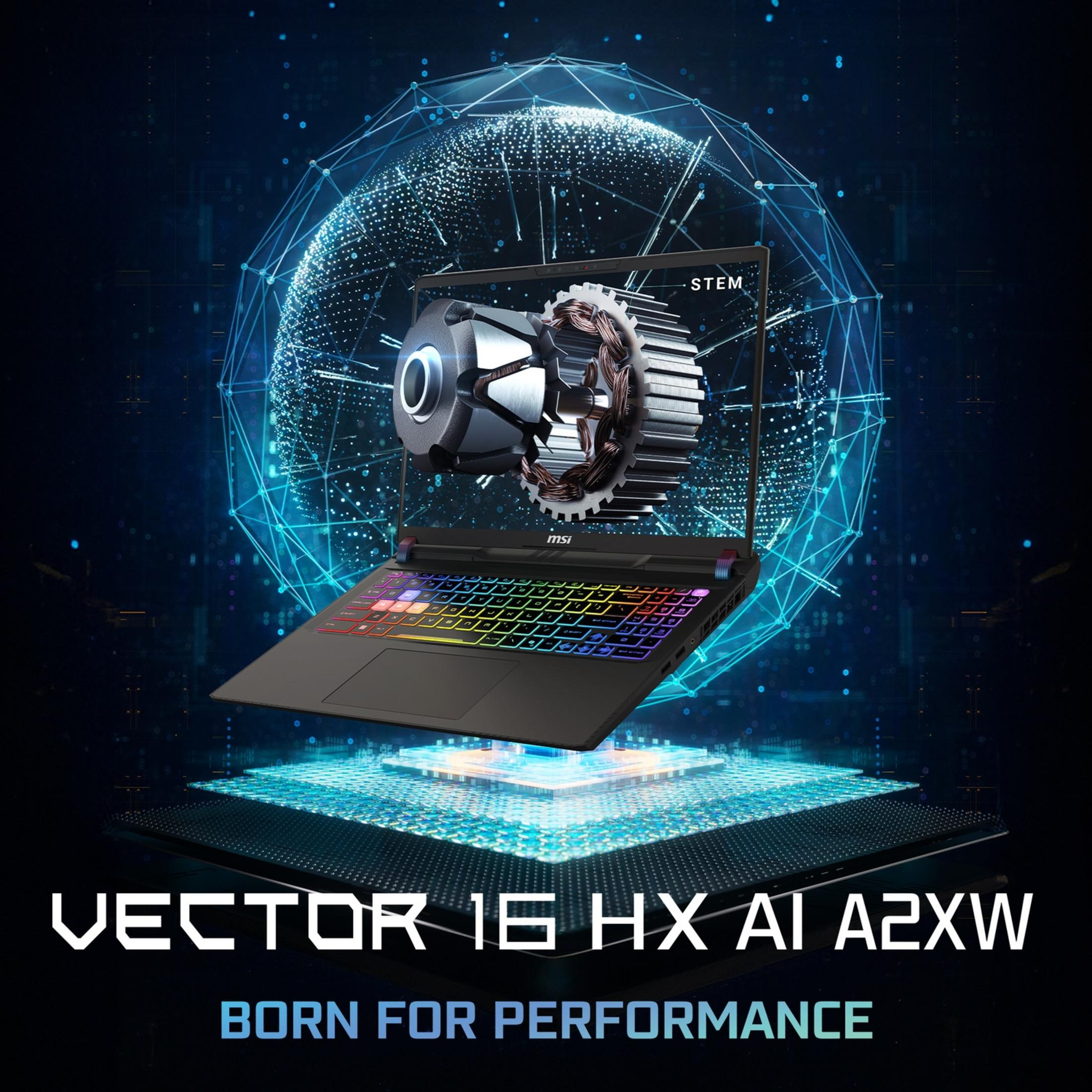 Laptop MSI Vector 16 HX AI A2XW con tastiera colorata, sospeso su grafiche tecnologiche.