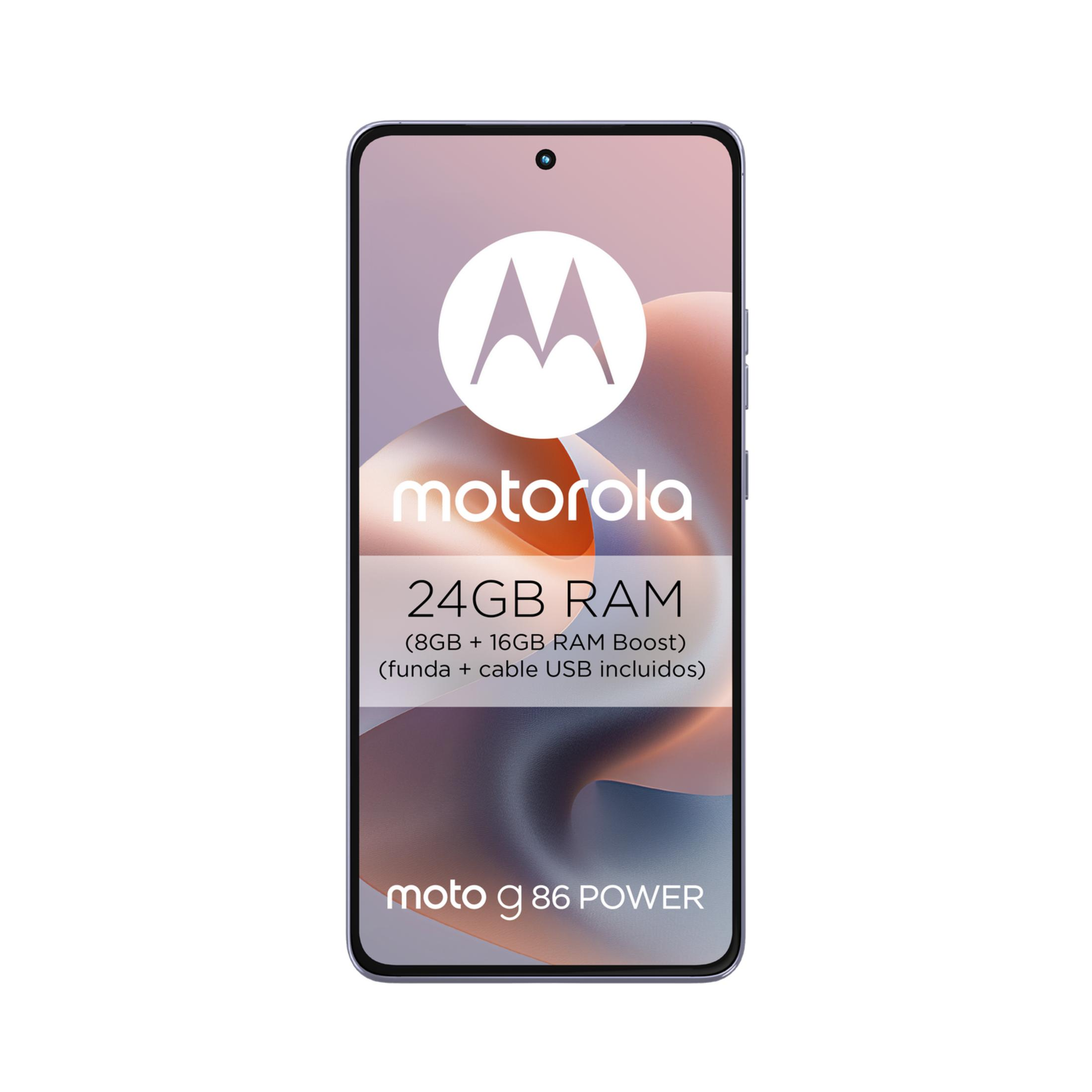 Smartphone Motorola moto g 86 Power con 24GB RAM, cover e cavo USB.