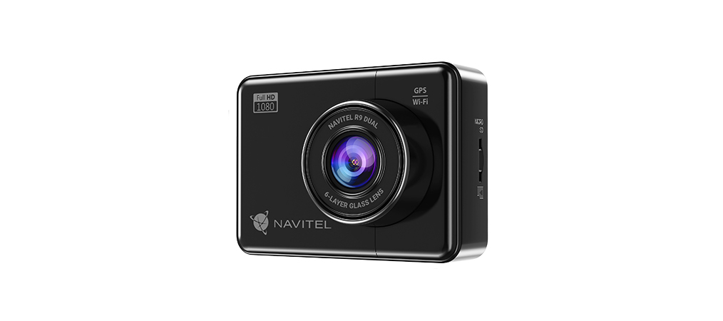Schwarzer Navitel R9 Dual Dashcam mit "Full HD 1080" und GPS/Wi-Fi.