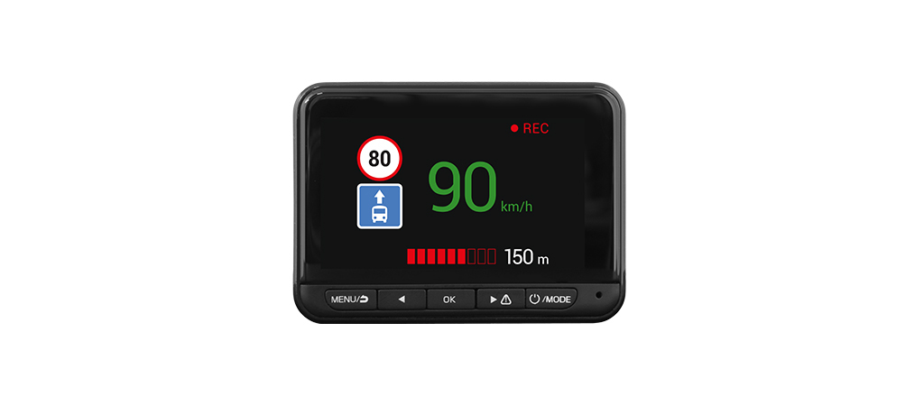 Ein Armaturenbrett-Display zeigt 80 km/h, 90 km/h und 150 m an.