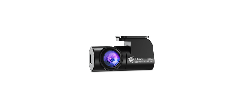 Ein schwarzer Navitel Dashcam mit einem blauen Objektiv, auf weißem Hintergrund.