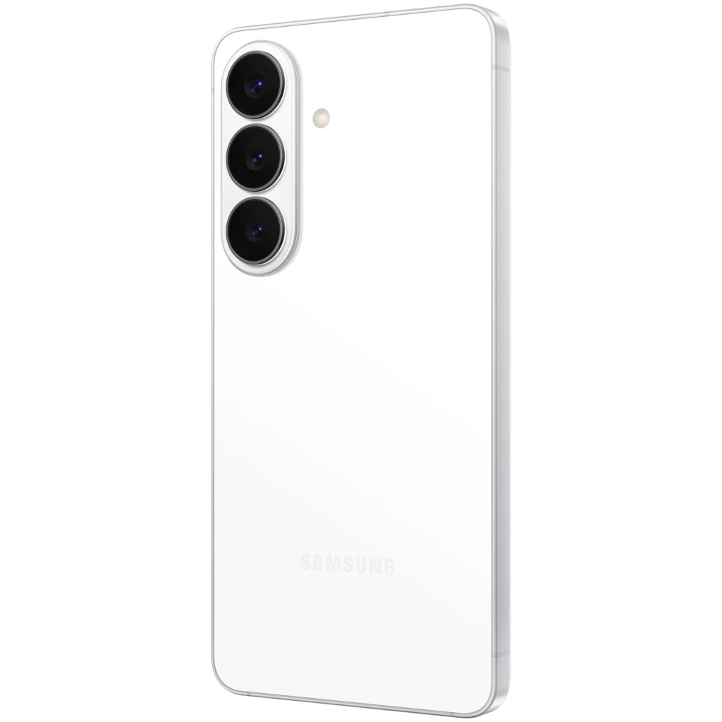 Ein weißes Samsung-Handy mit drei rückseitigen Kameras und Blitz wird gezeigt.