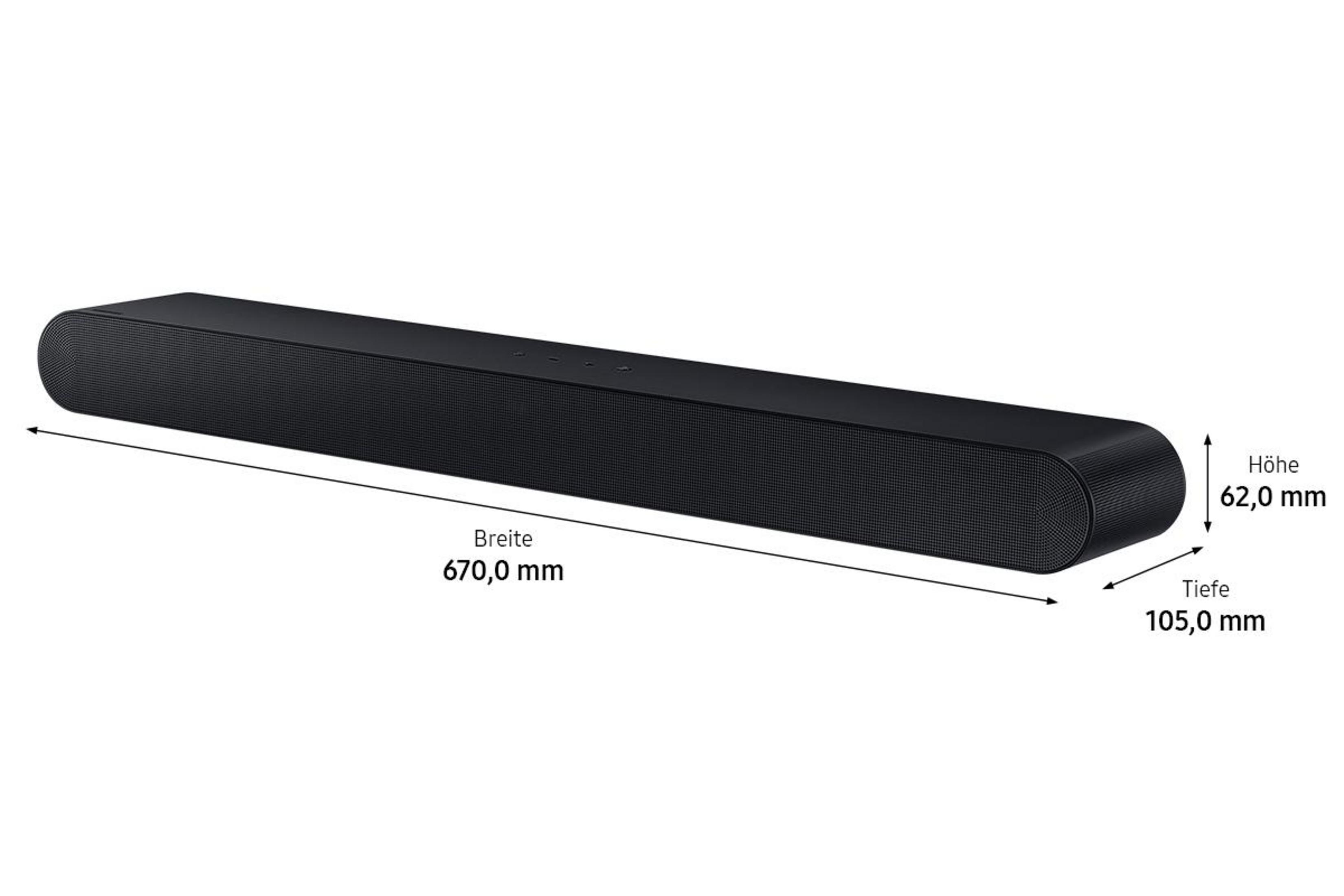 Barre de son noire avec dimensions : largeur 670 mm, hauteur 62 mm, profondeur 105 mm.