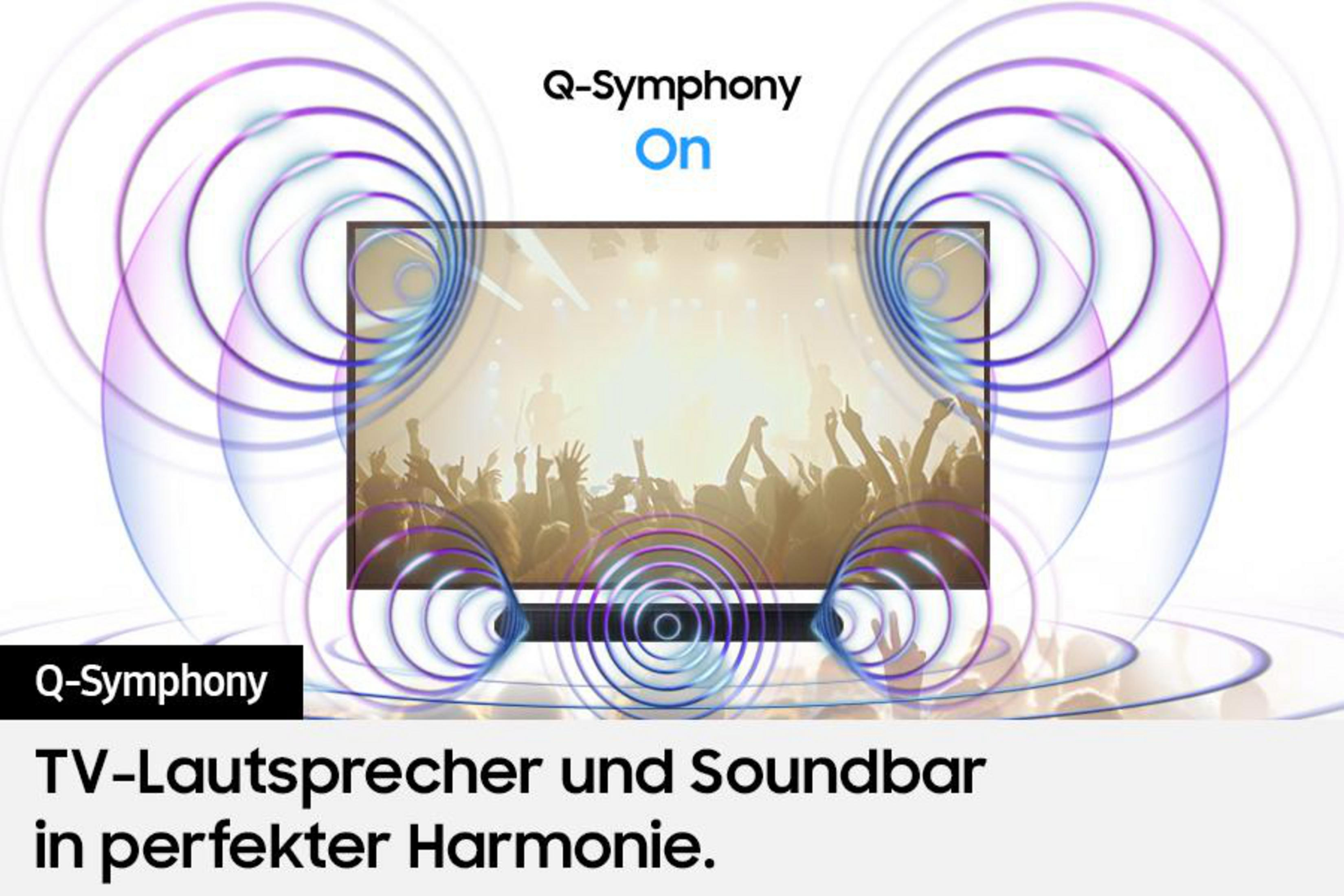 TV et barre de son en harmonie, avec logo Q-Symphony et ondes sonores.