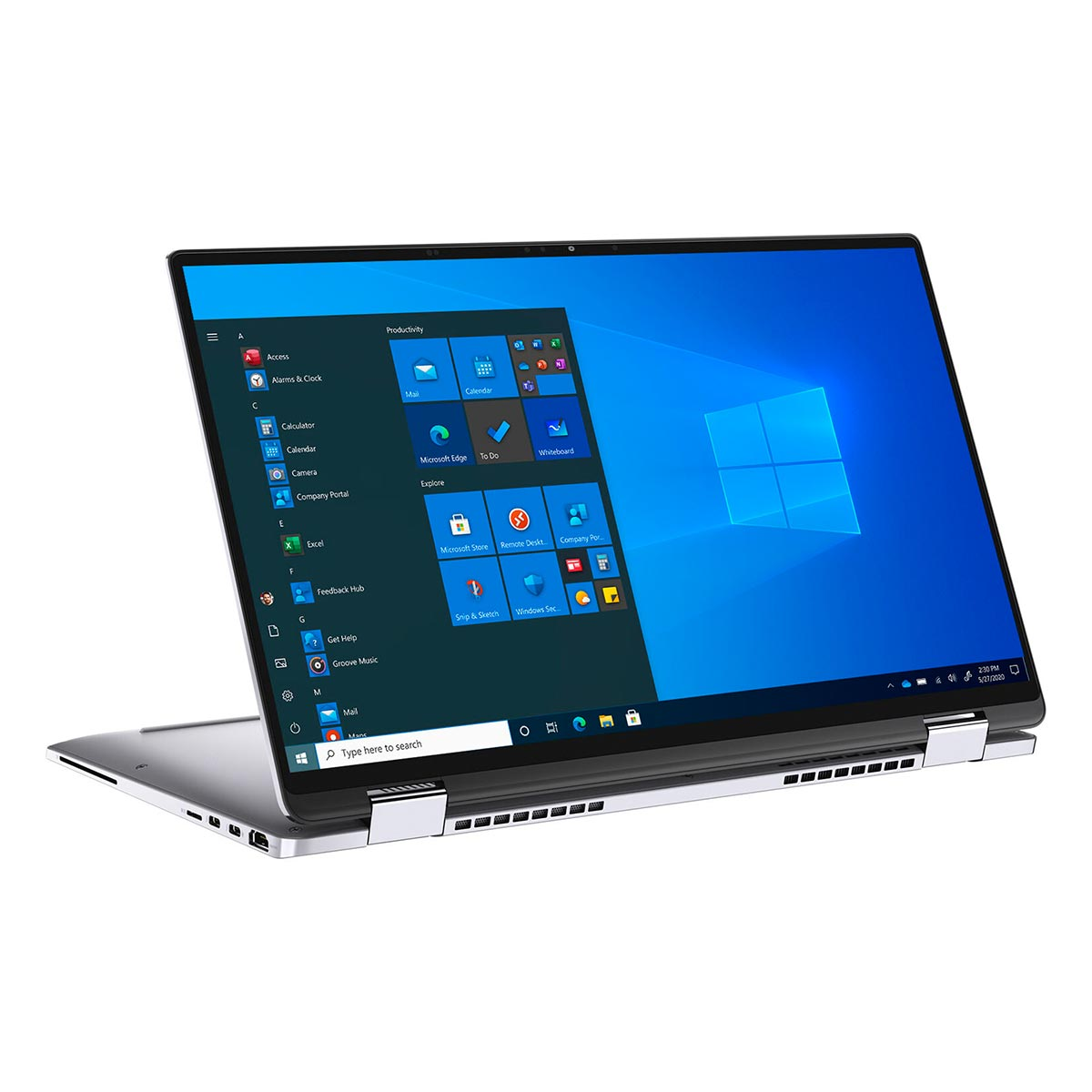 Otwarty laptop z menu Start systemu Windows i tłem pulpitu.