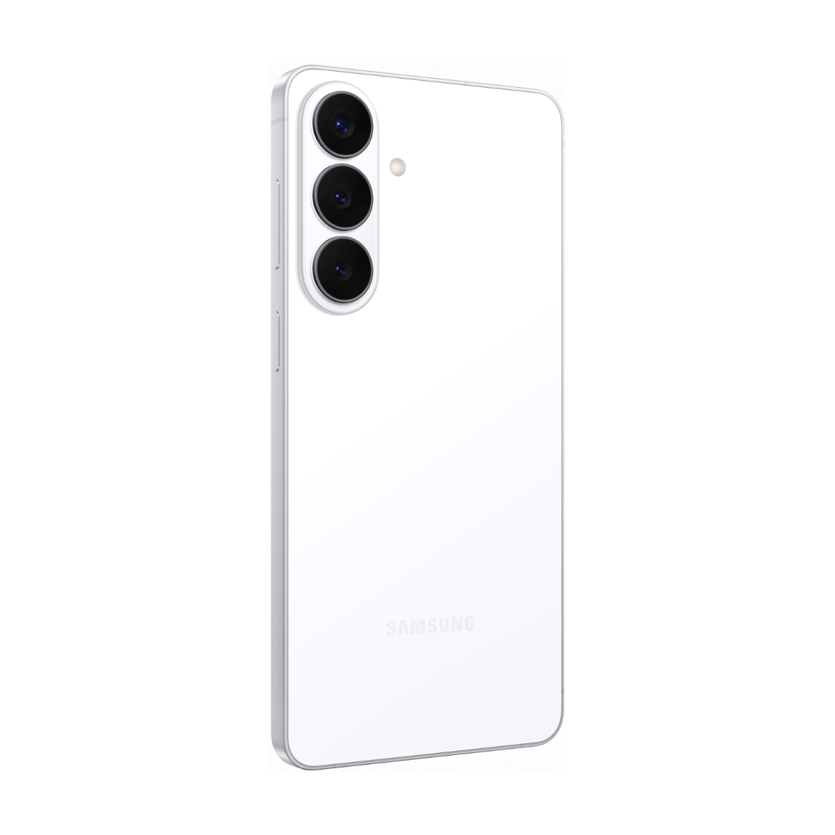 Ein weißes Samsung Smartphone mit drei Kameras auf der Rückseite.
