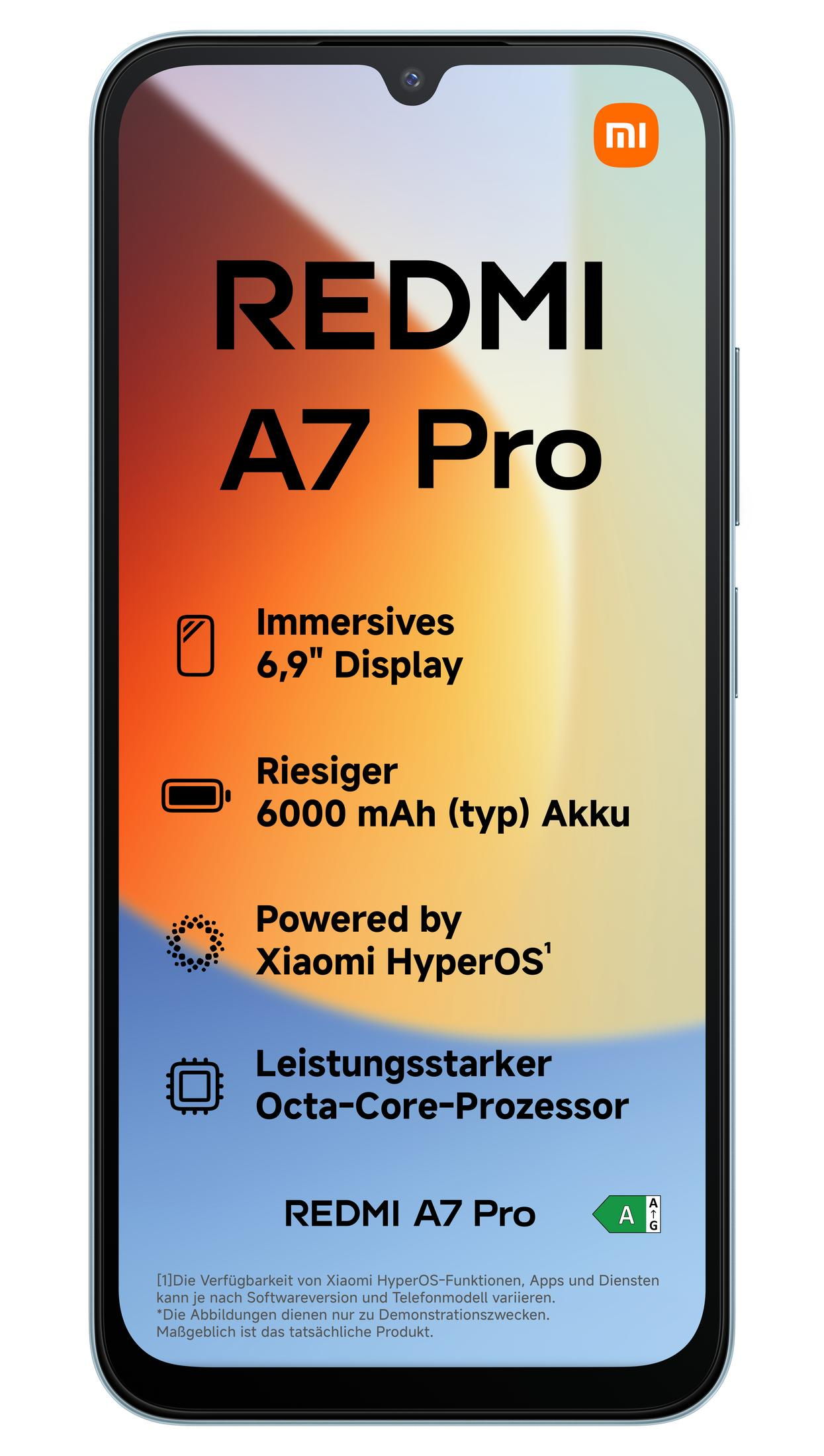 Un smartphone con texto "REDMI A7 Pro", pantalla de 6,9", batería de 6000 mAh.