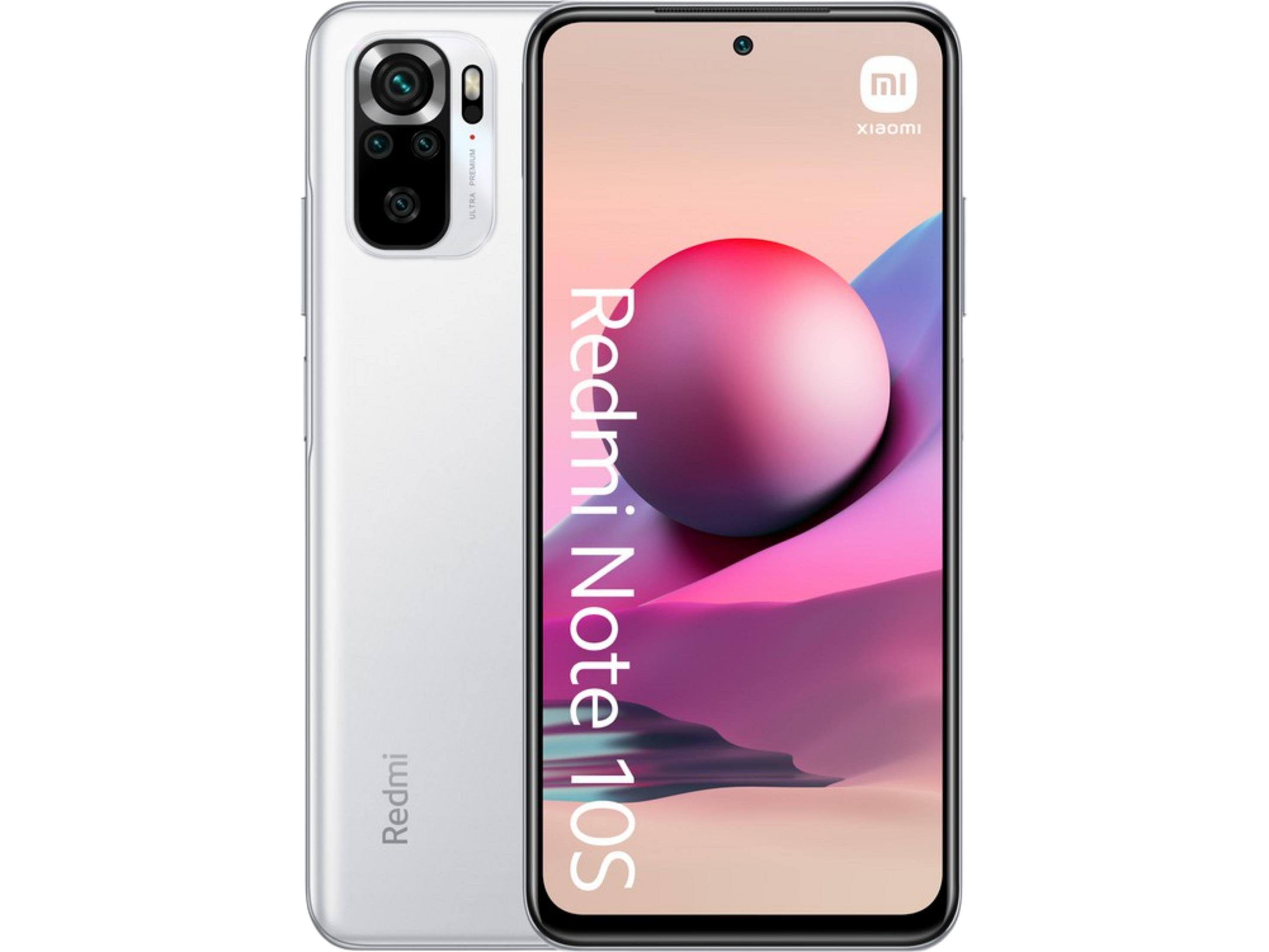 Uno smartphone Xiaomi Redmi Note 10S bianco con quattro fotocamere e una grafica sferica.