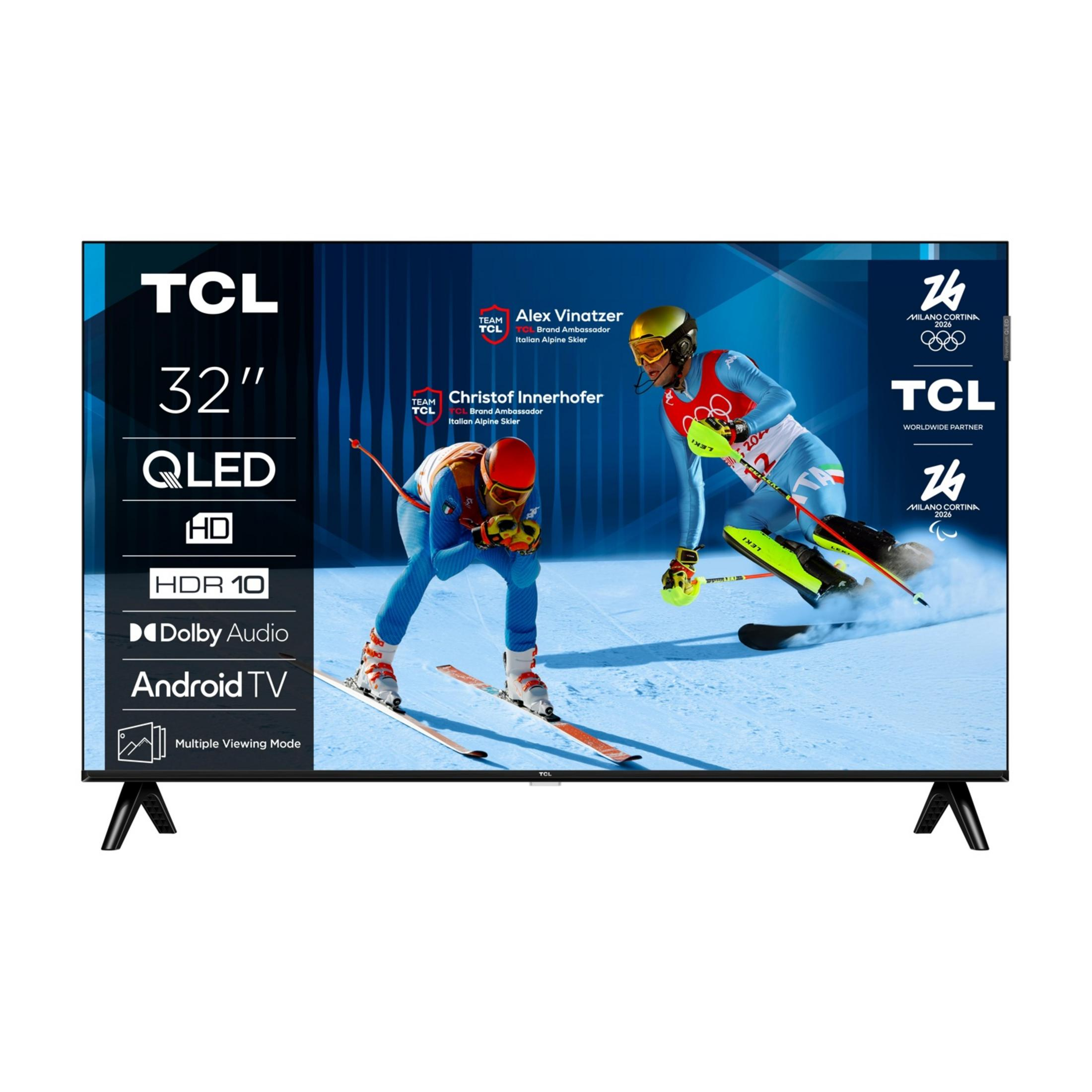 32-calowy telewizor TCL QLED z narciarzami i logo Milano Cortina 2026.