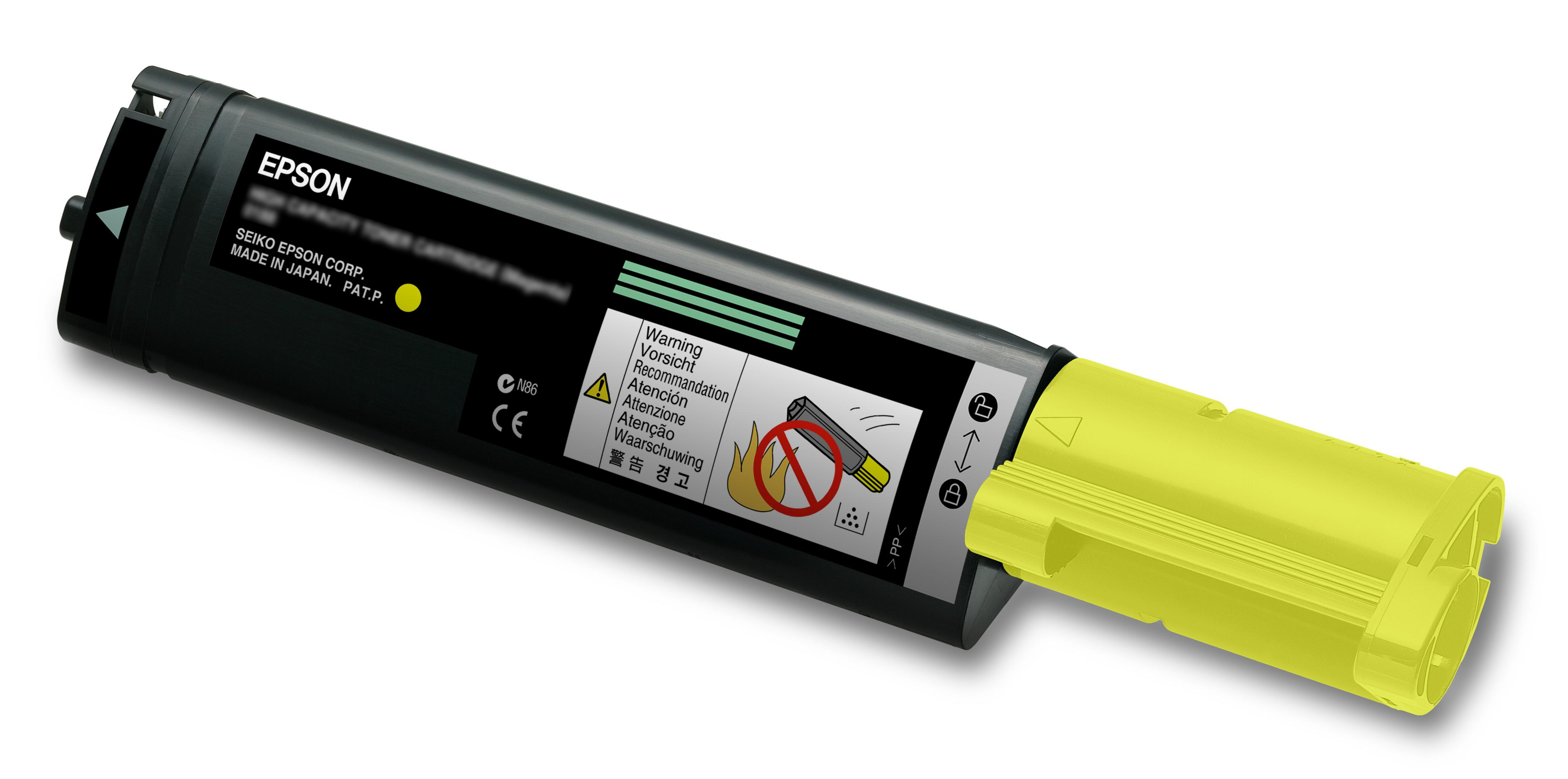 Cartuccia toner Epson nera con cappuccio protettivo giallo e simboli di avvertenza.