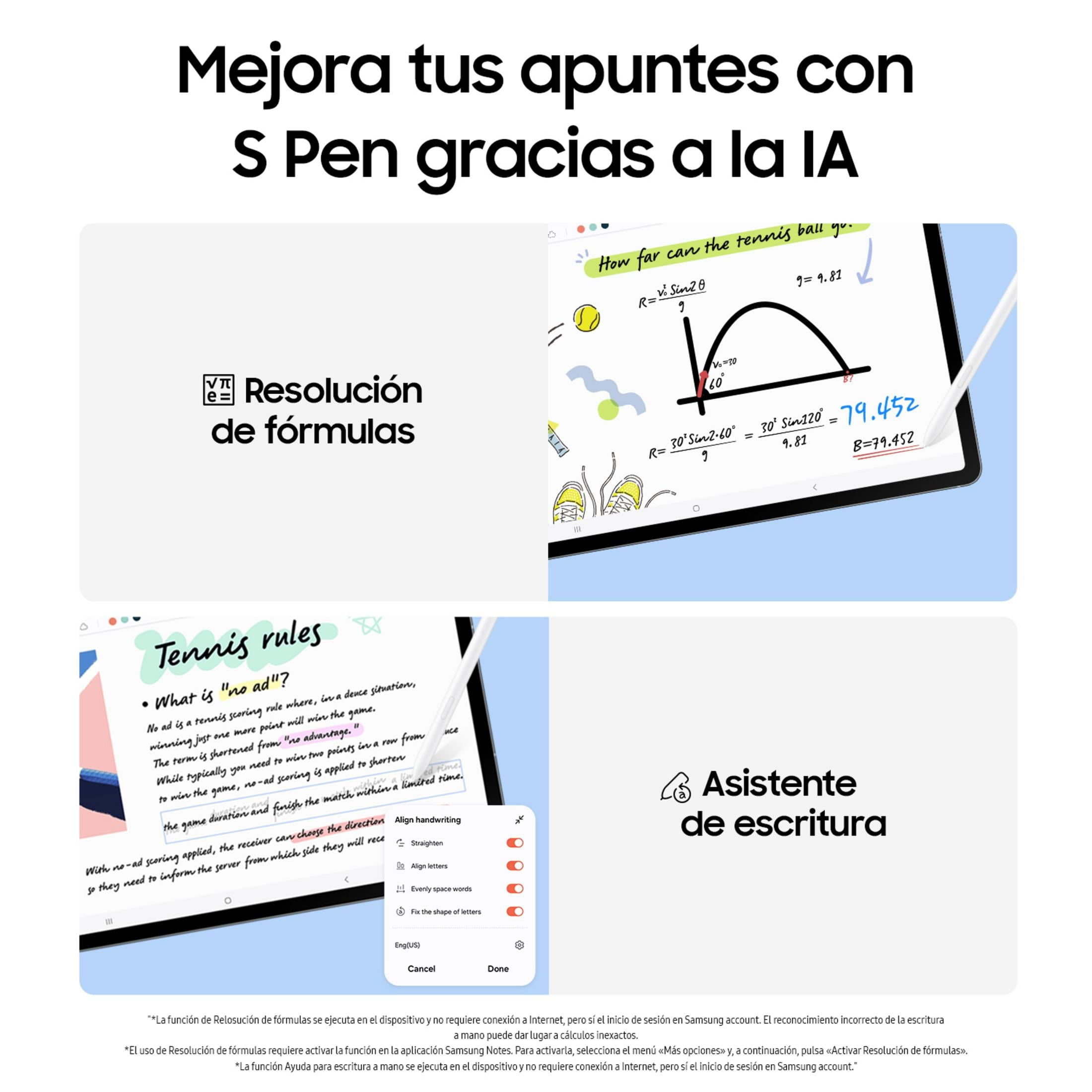 L'immagine mostra Samsung Note con assistenti per formule e scrittura.