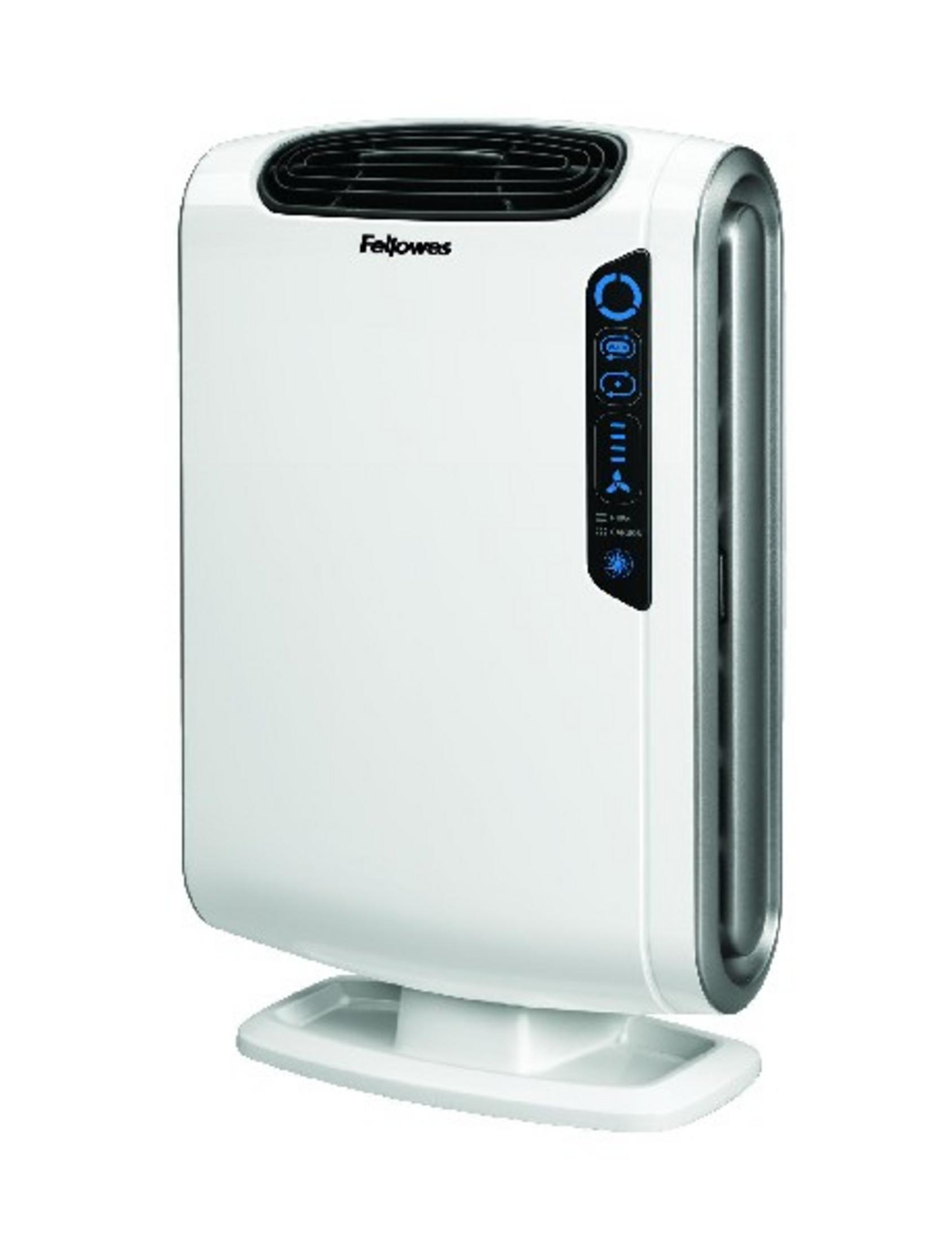 Un purificateur d'air blanc avec grille de ventilation noire et panneau de commande bleu.