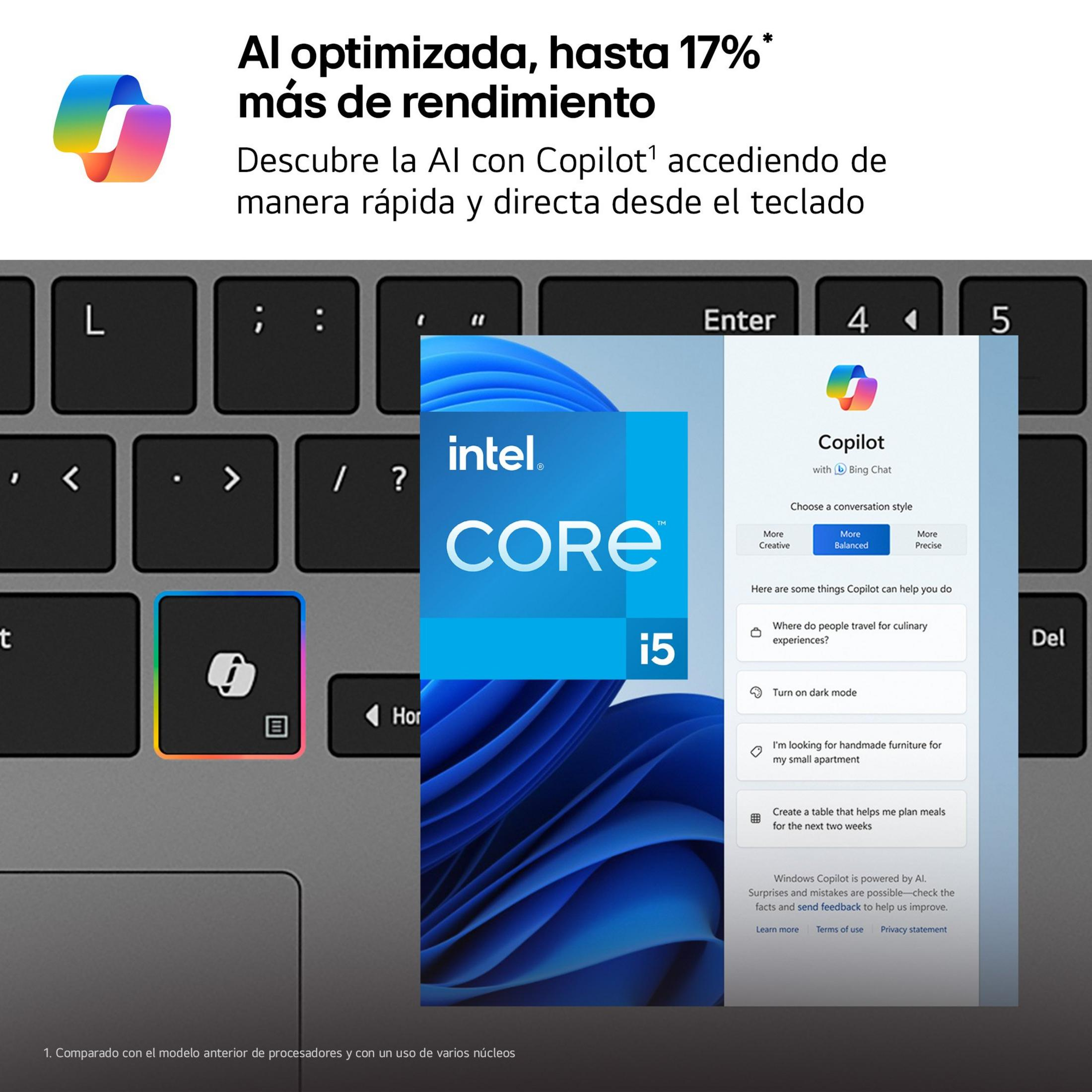 Teclado con Intel Core i5 e interfaz IA de Copilot. La pantalla muestra la app Copilot.