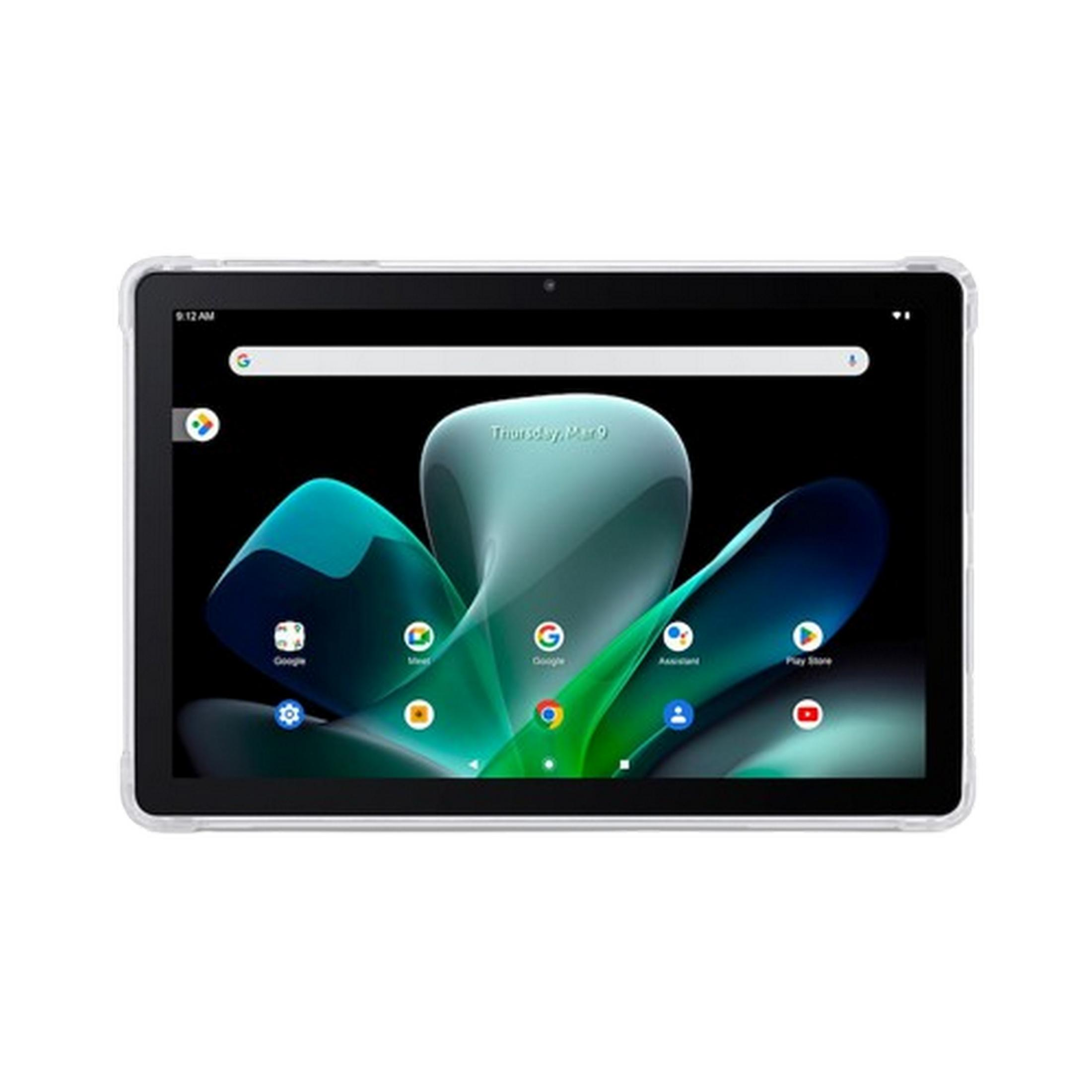 Un tablet con custodia trasparente mostra uno sfondo colorato e icone di app. Ora: 9:12.