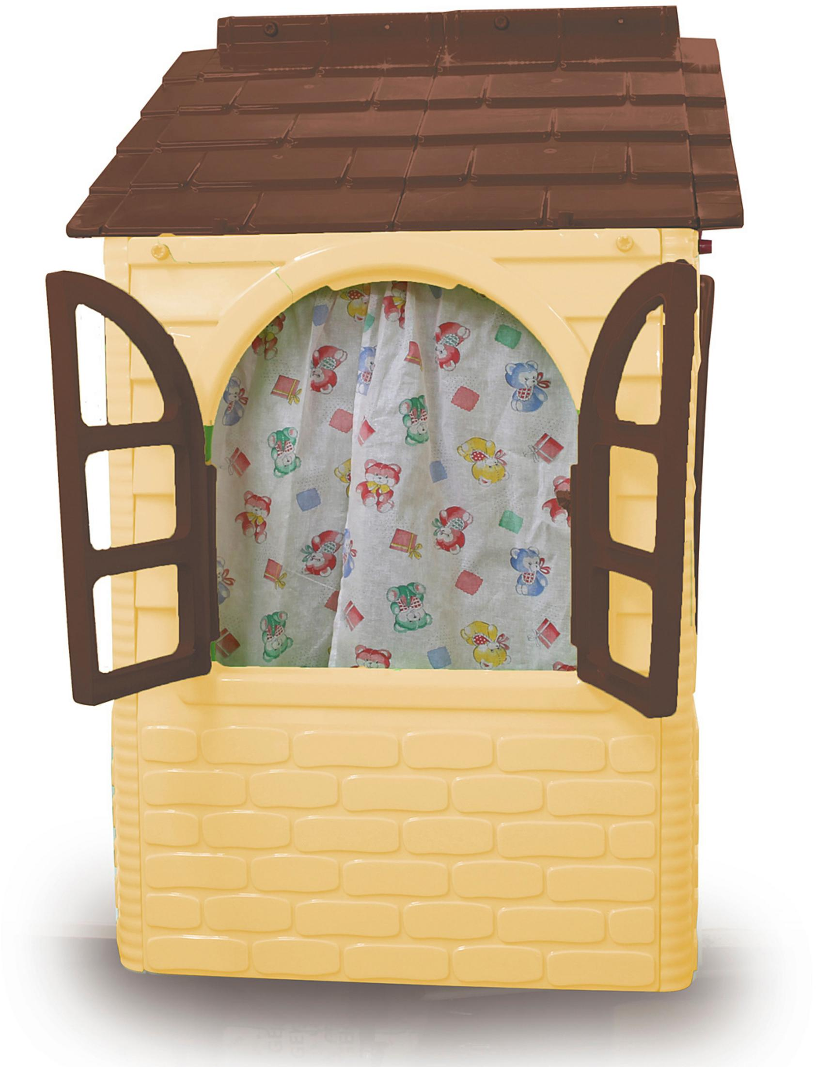 Ein gelbes Plastik-Spielhaus mit braunem Dach und offenen Fenstern. Vorhänge innen haben Teddybären.