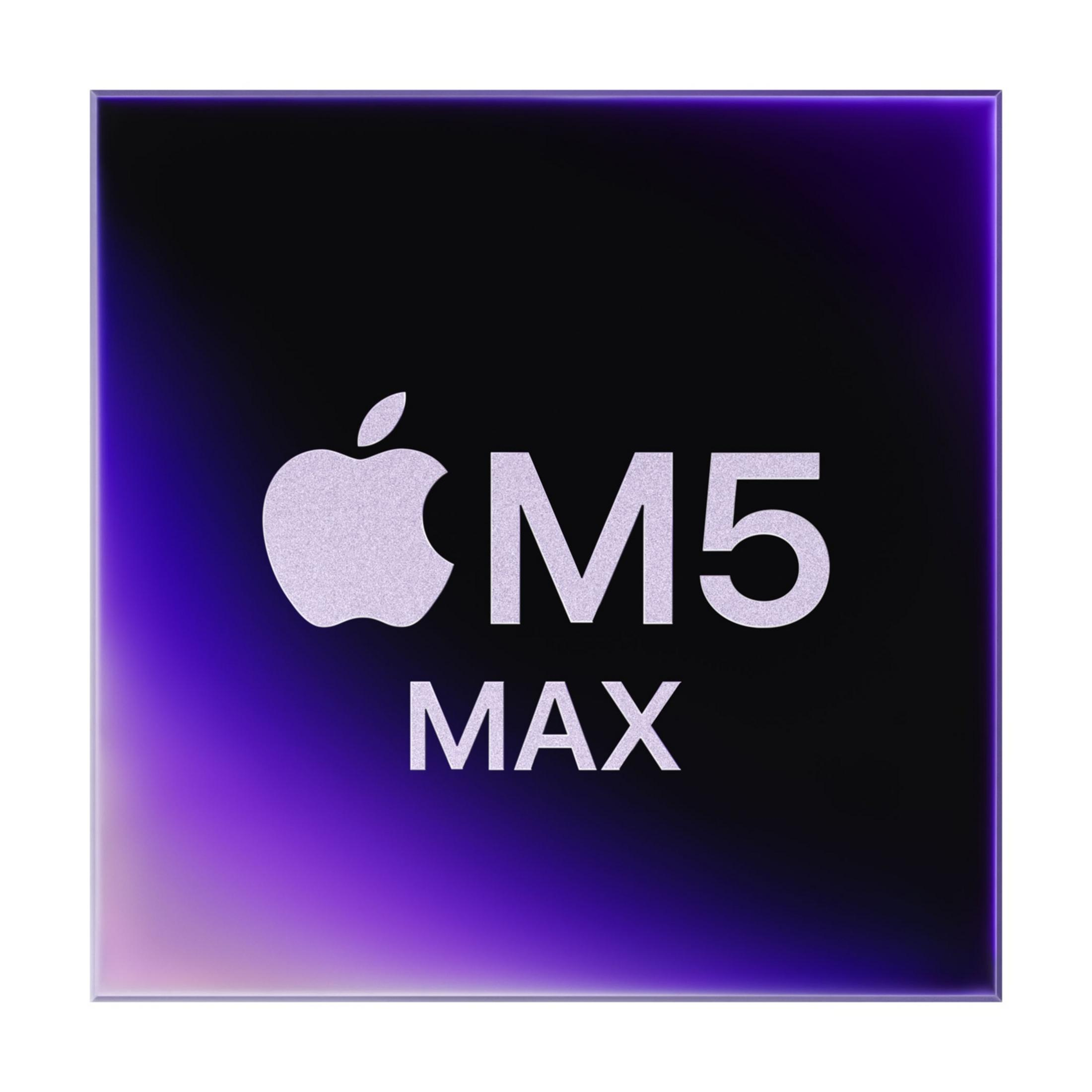Logo Apple i napis M5 MAX na fioletowo-czarnym tle.