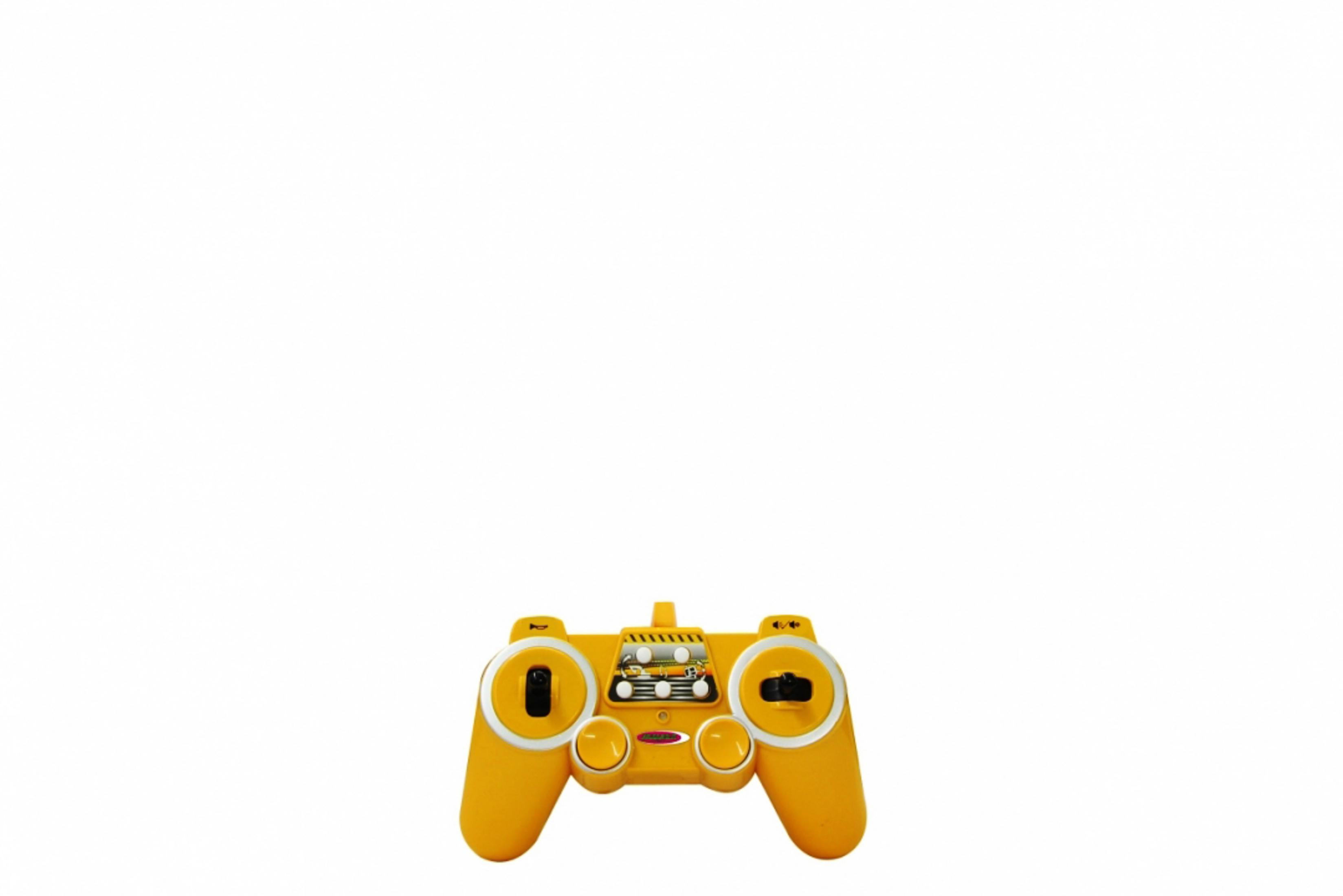 Ein gelber ferngesteuerter Controller mit Knöpfen und einem Joystick.
