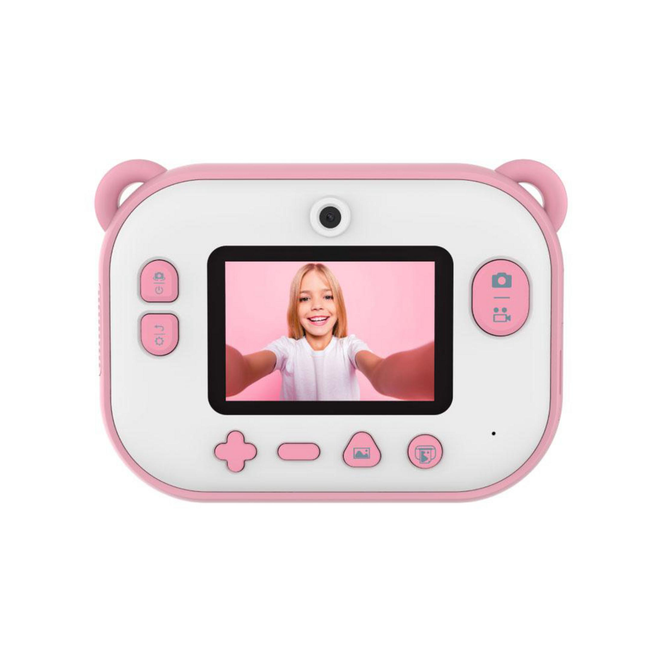 Una cámara rosa infantil selfie con una niña en pantalla.