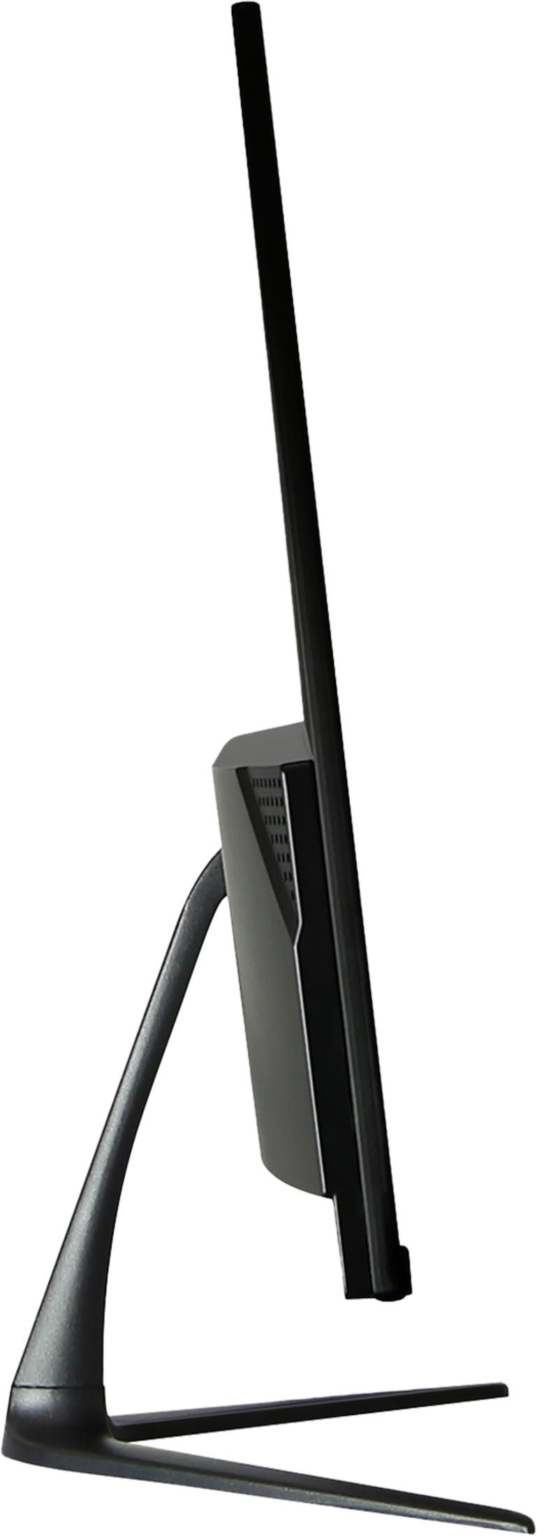 Un monitor per computer nero visto di lato su sfondo bianco.